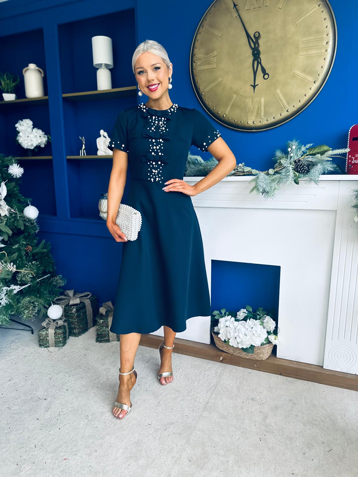 Nigella Pearl Embellished Occasion Dress Navy