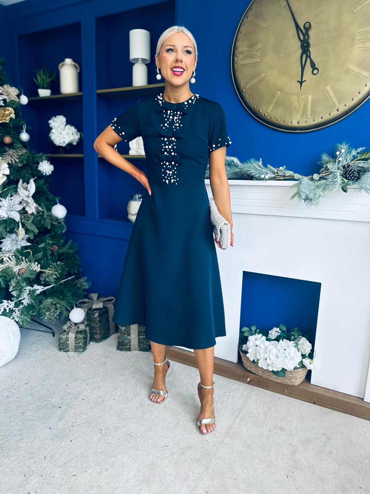 Nigella Pearl Embellished Occasion Dress Navy