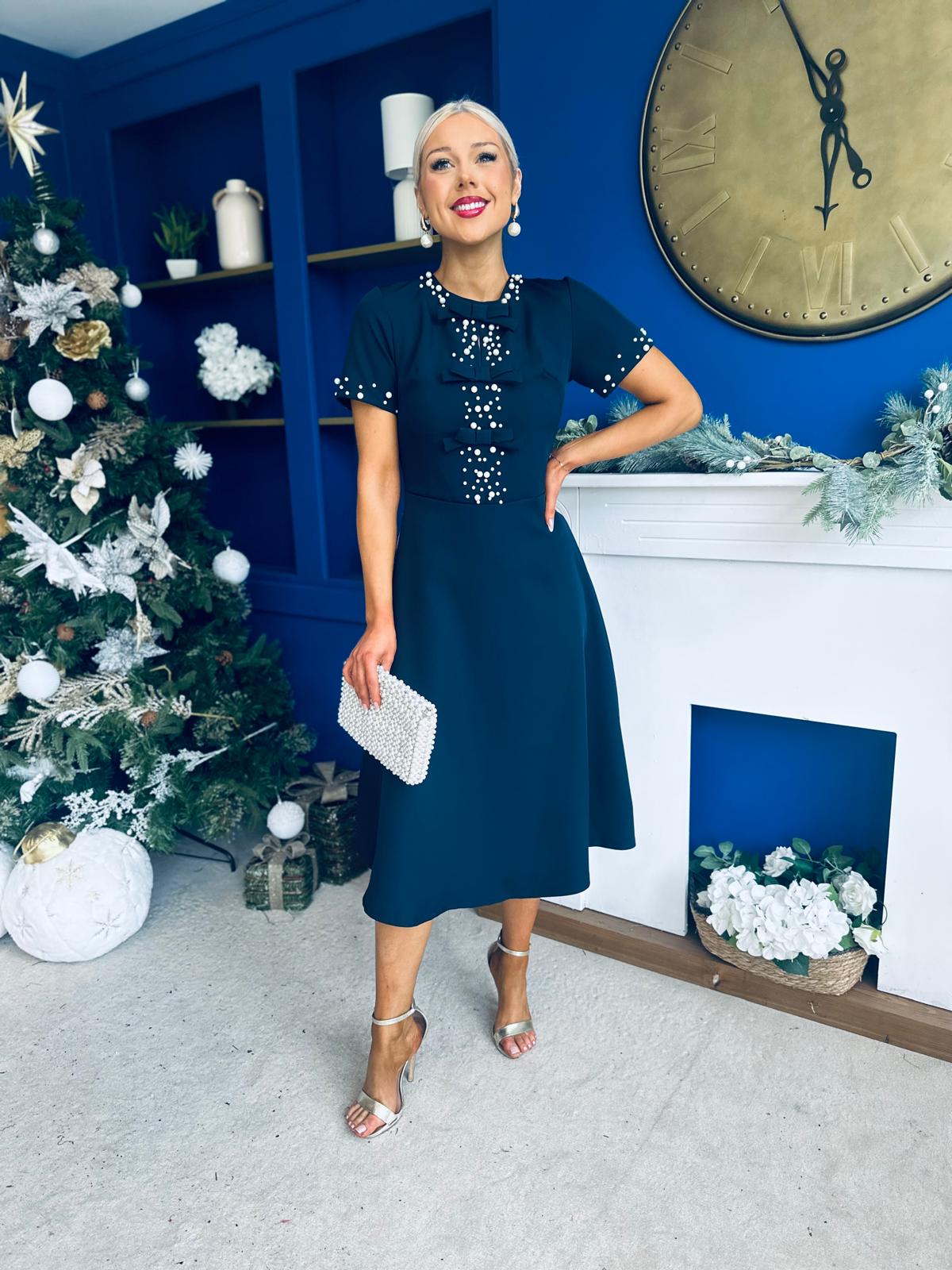 Nigella Pearl Embellished Occasion Dress Navy