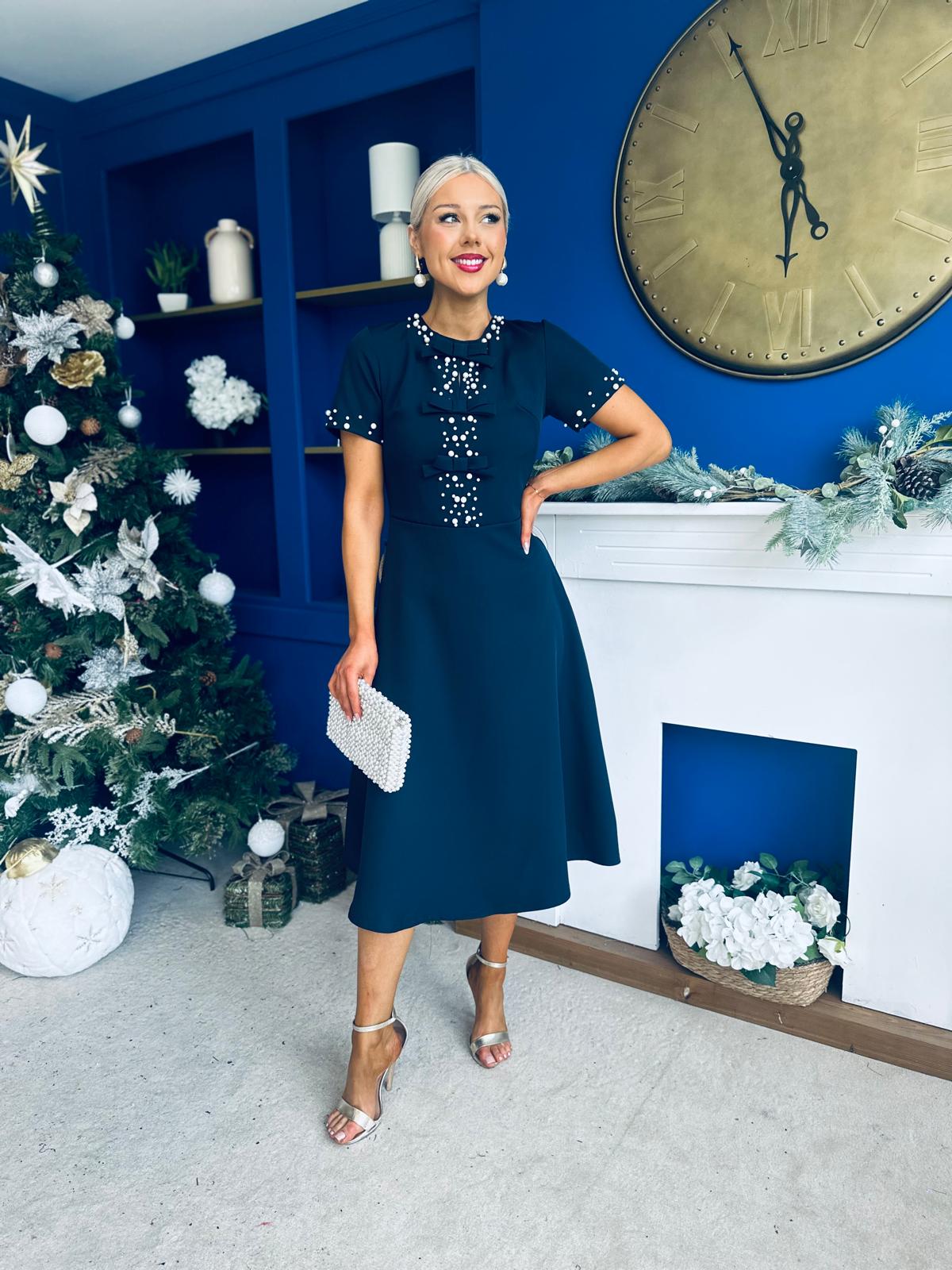 Nigella Pearl Embellished Occasion Dress Navy