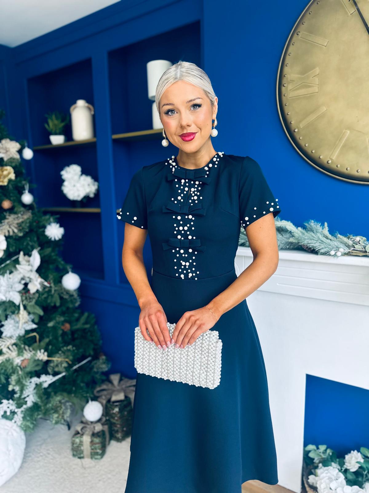 Nigella Pearl Embellished Occasion Dress Navy