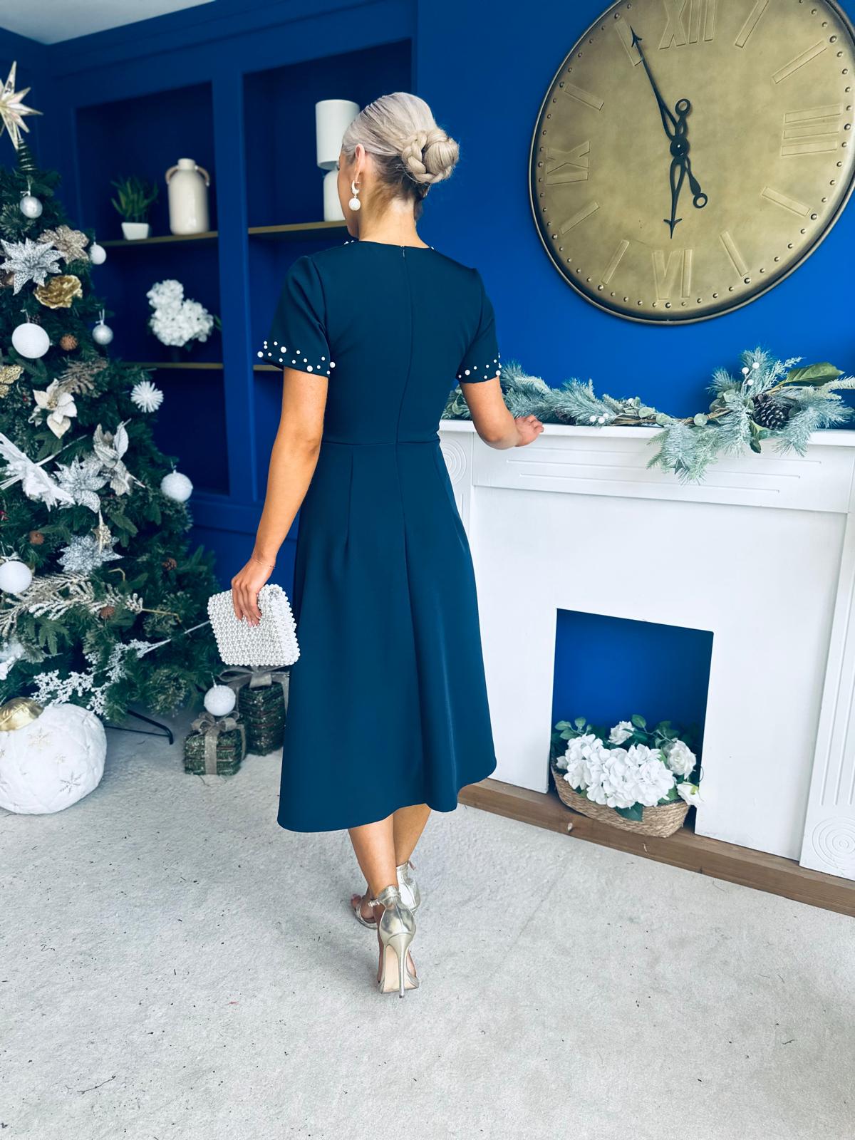 Nigella Pearl Embellished Occasion Dress Navy