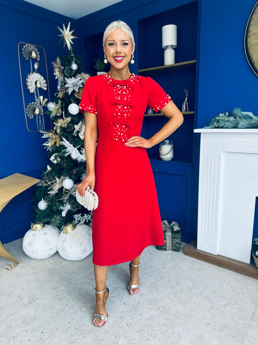 Nigella Pearl Embellished Occasion Dress Red