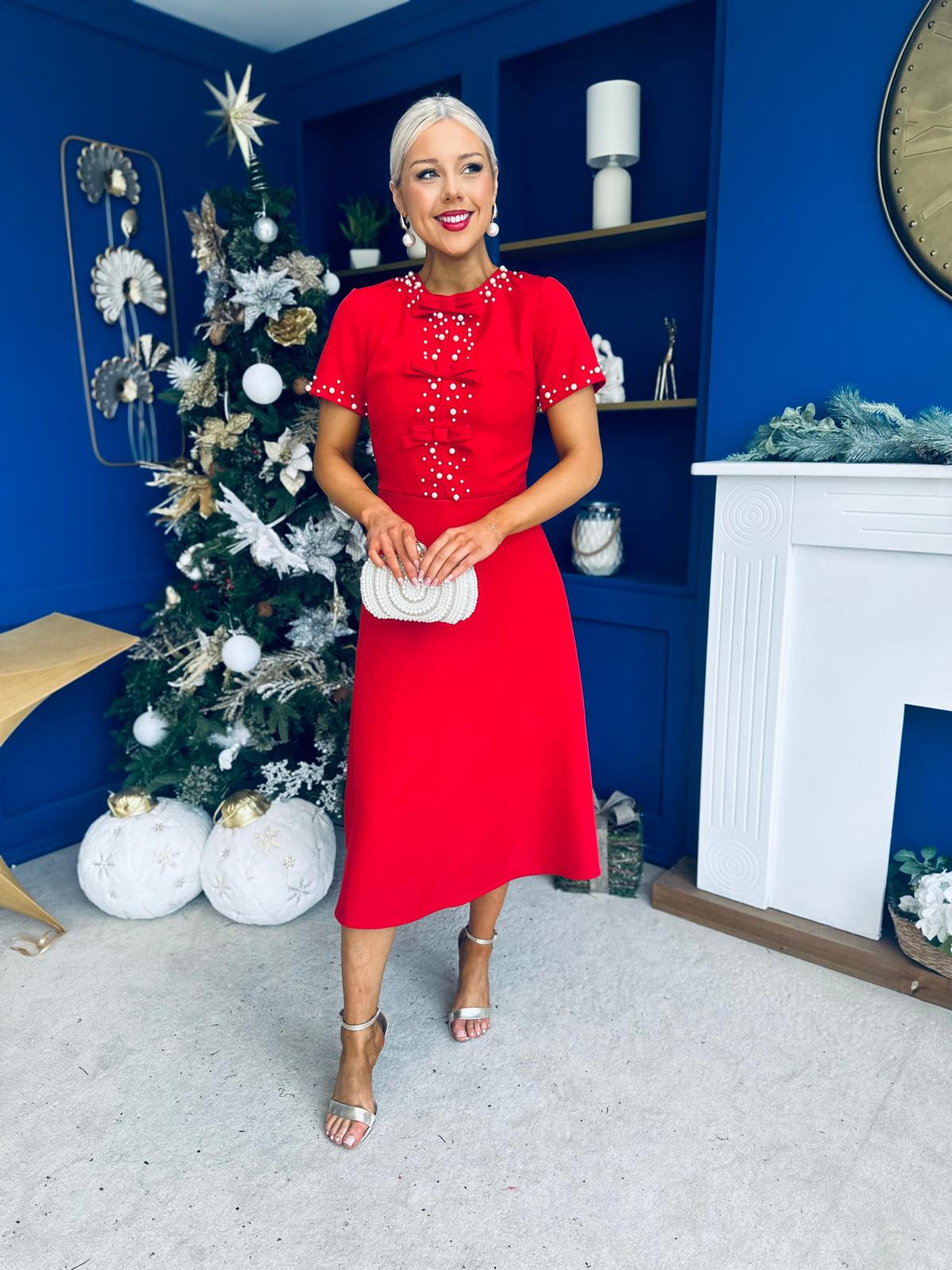 Nigella Pearl Embellished Occasion Dress Red