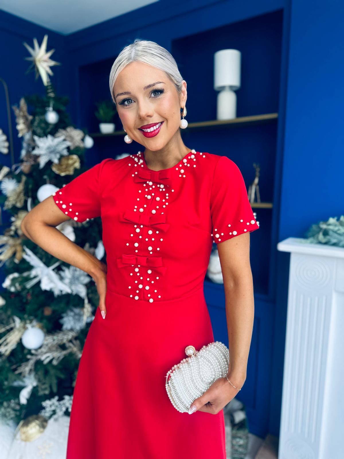 Nigella Pearl Embellished Occasion Dress Red