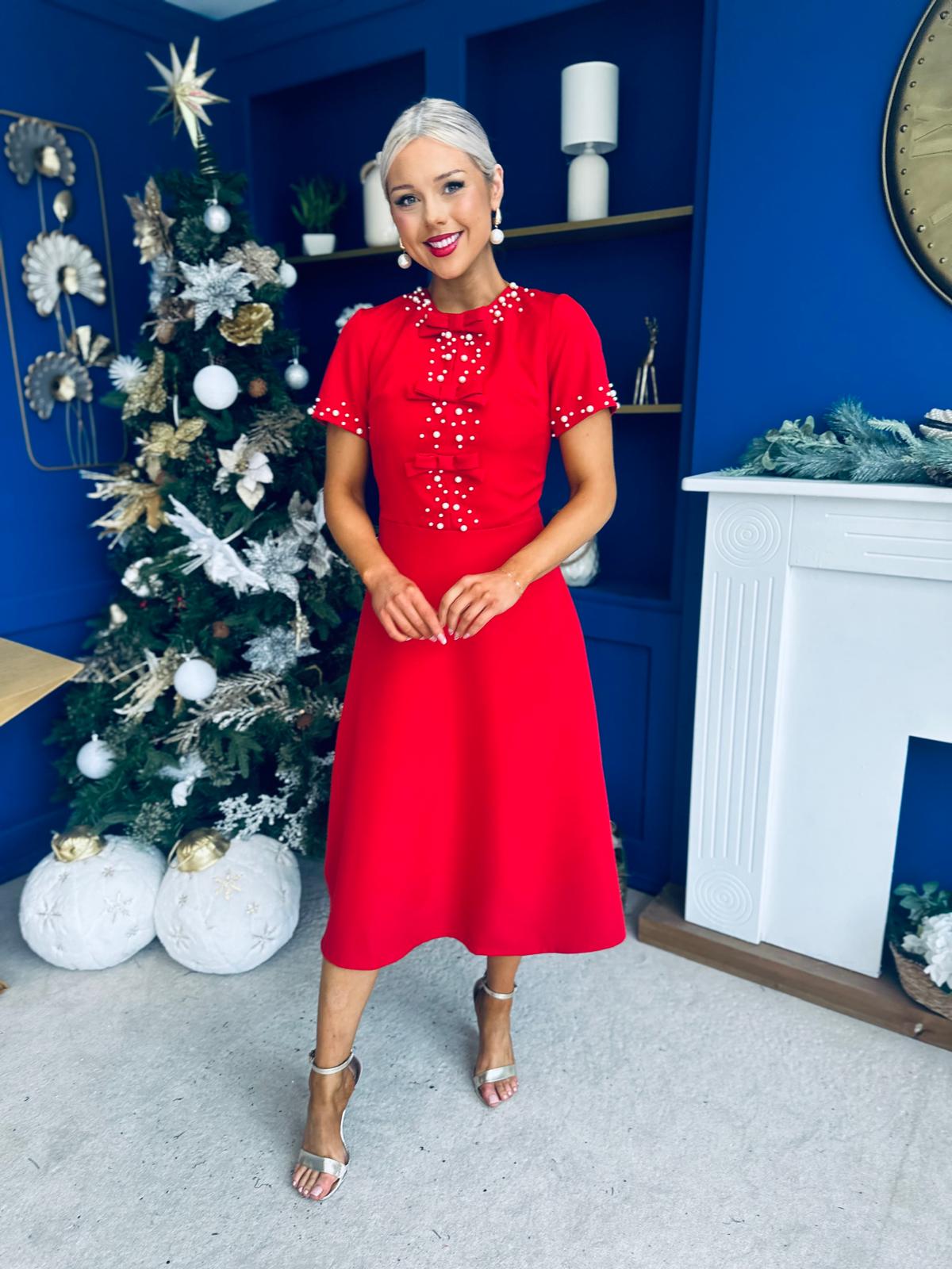 Nigella Pearl Embellished Occasion Dress Red