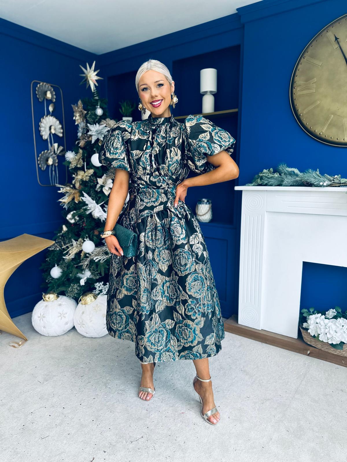 Sinead Puff Sleeve Jaquard Occasion Dress Green