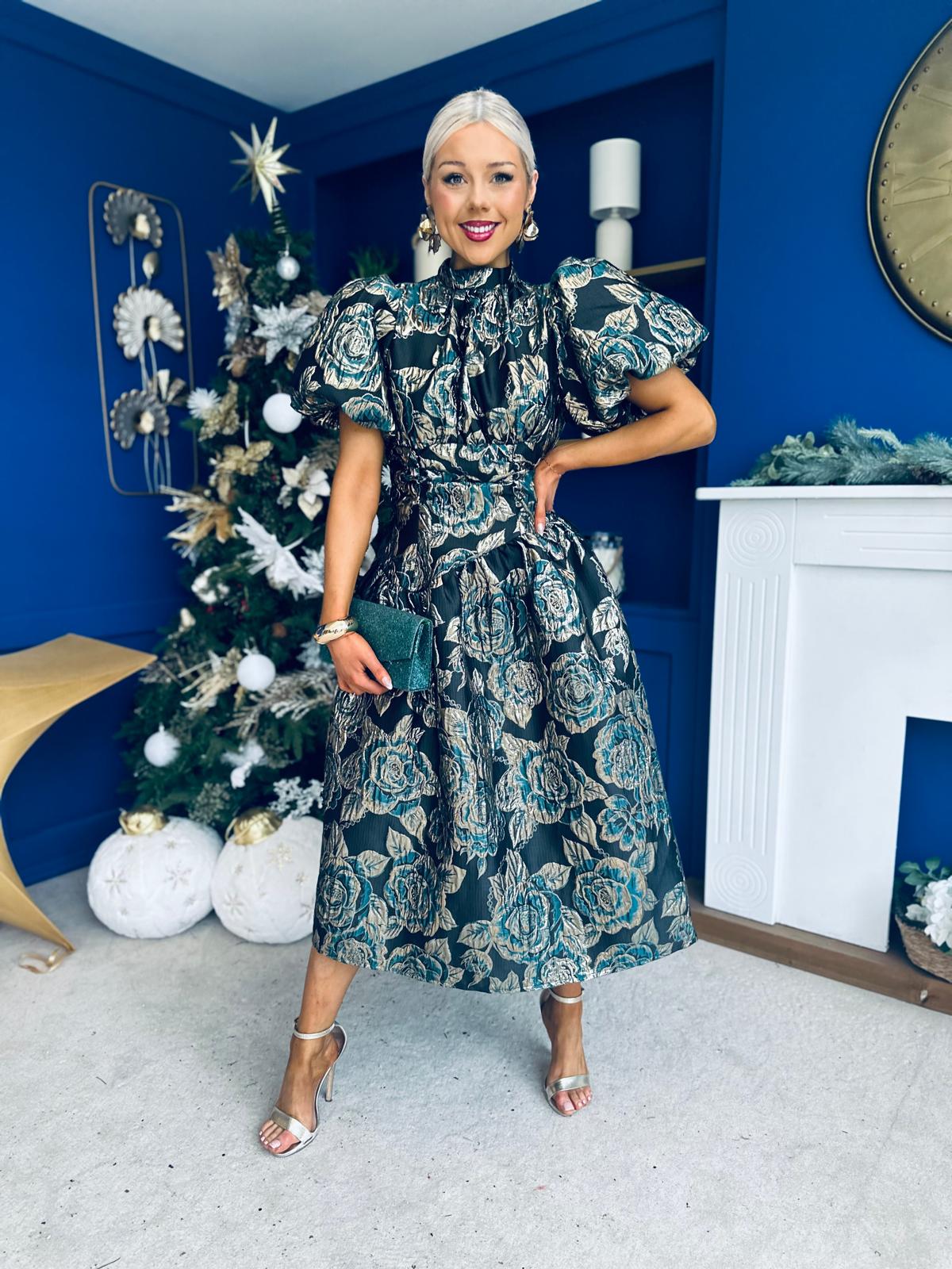 Sinead Puff Sleeve Jaquard Occasion Dress Green