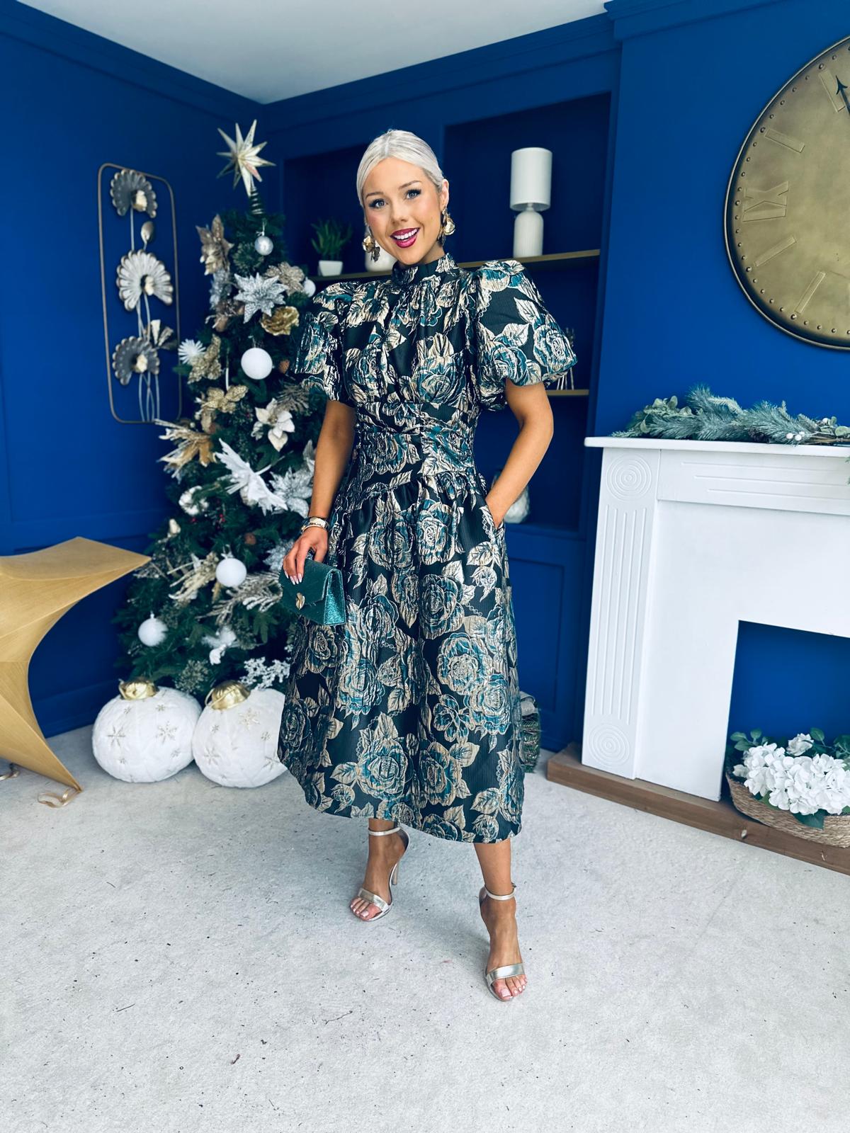 Sinead Puff Sleeve Jaquard Occasion Dress Green