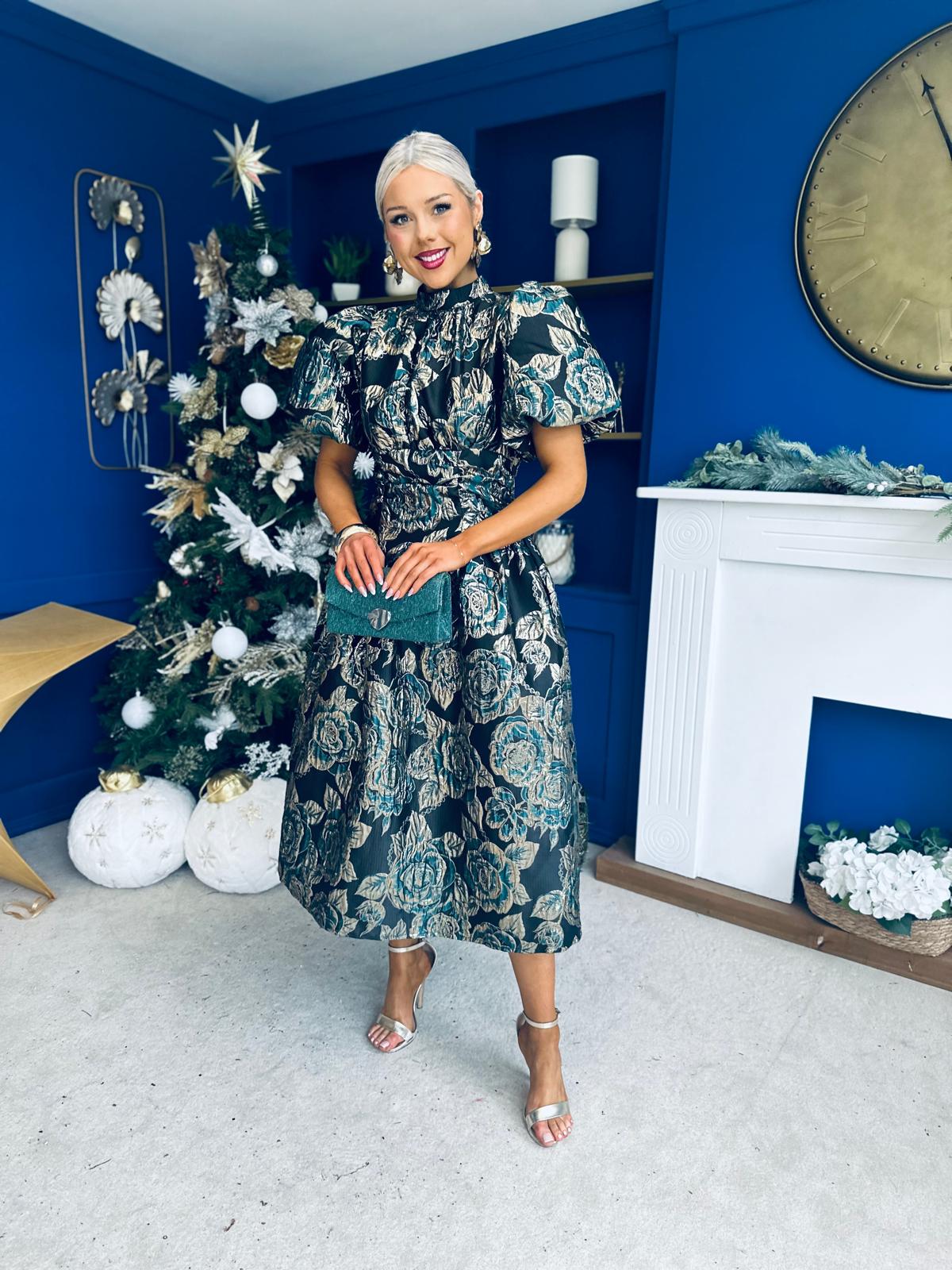 Sinead Puff Sleeve Jaquard Occasion Dress Green