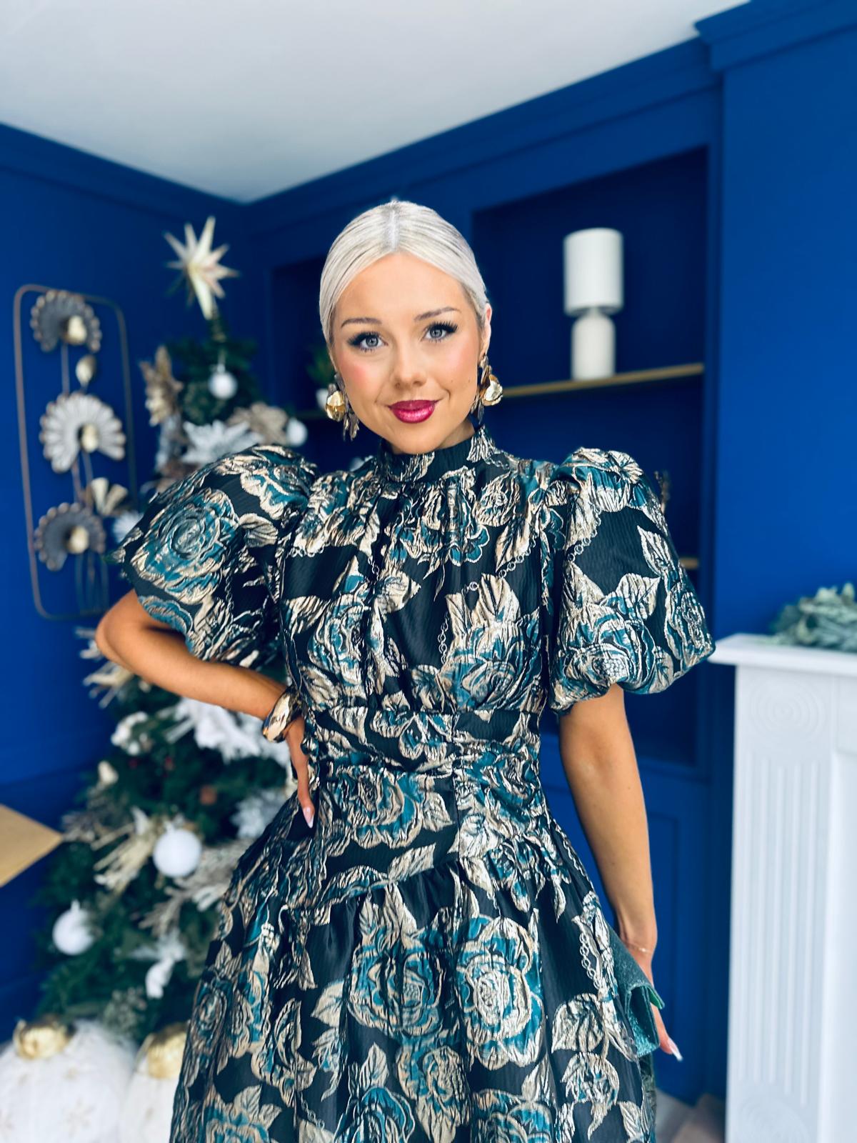 Sinead Puff Sleeve Jaquard Occasion Dress Green