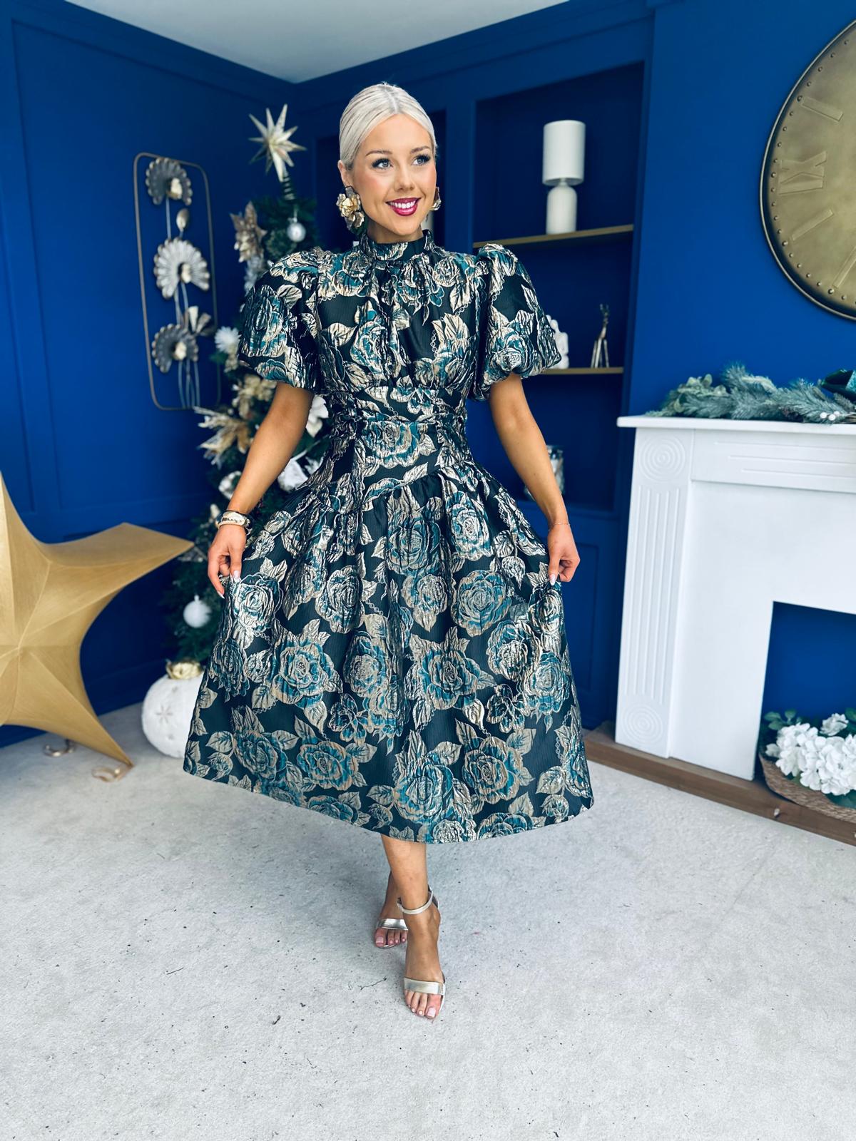 Sinead Puff Sleeve Jaquard Occasion Dress Green