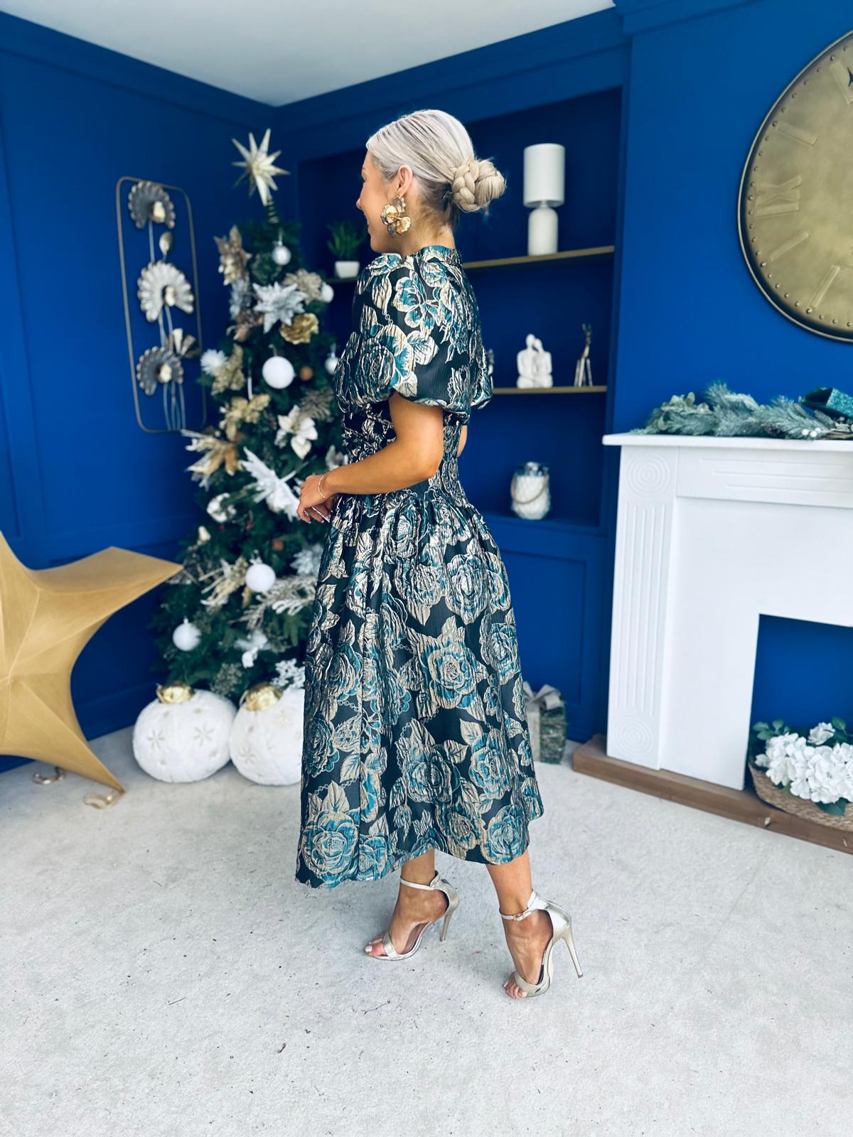 Sinead Puff Sleeve Jaquard Occasion Dress Green