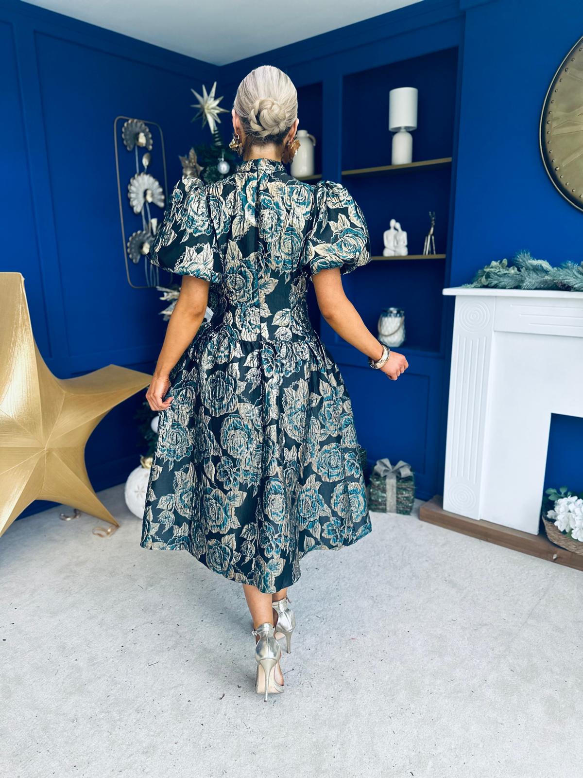 Sinead Puff Sleeve Jaquard Occasion Dress Green