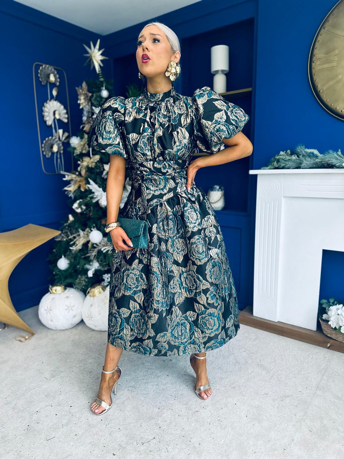 Sinead Puff Sleeve Jaquard Occasion Dress Green