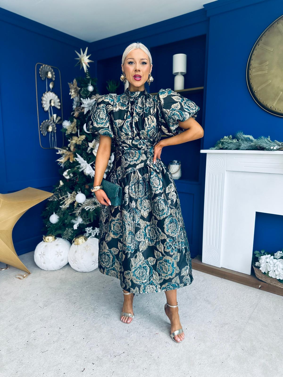 Sinead Puff Sleeve Jaquard Occasion Dress Green