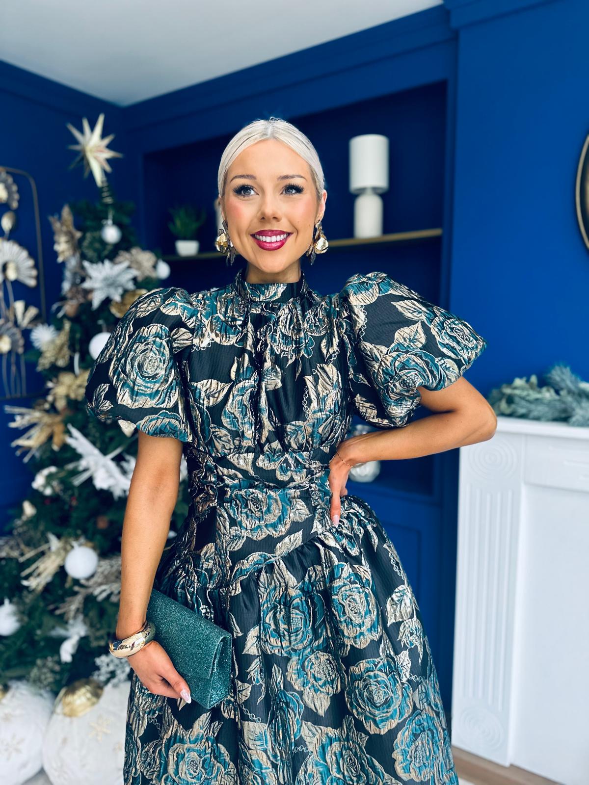 Sinead Puff Sleeve Jaquard Occasion Dress Green