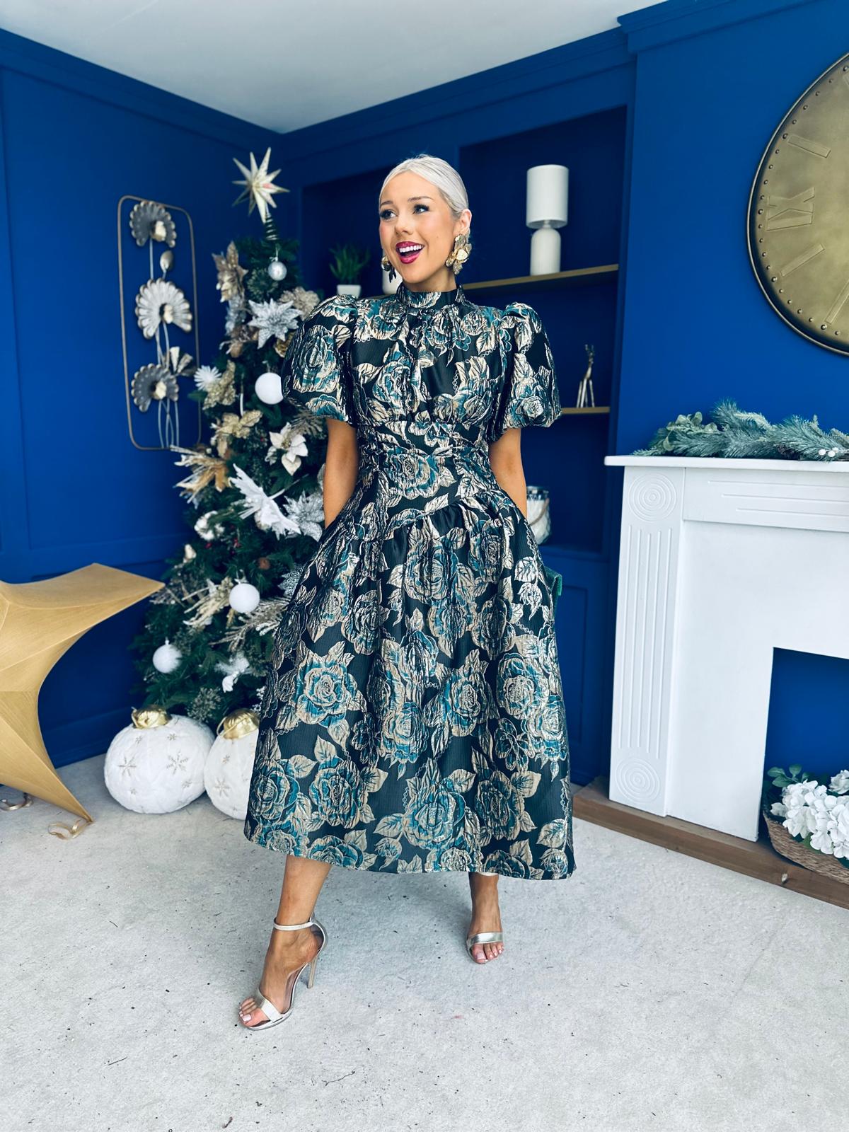 Sinead Puff Sleeve Jaquard Occasion Dress Green