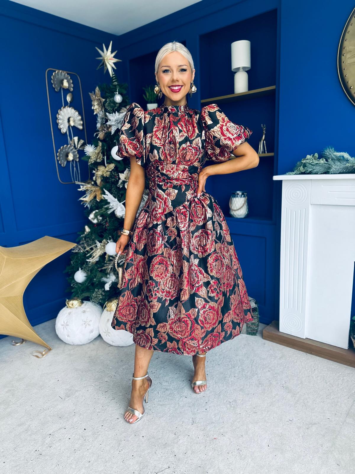 Sinead Puff Sleeve Jaquard Occasion Dress Red