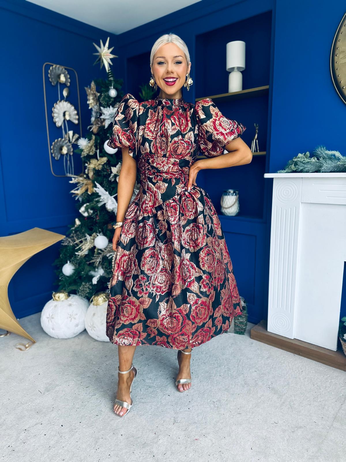 Sinead Puff Sleeve Jaquard Occasion Dress Red