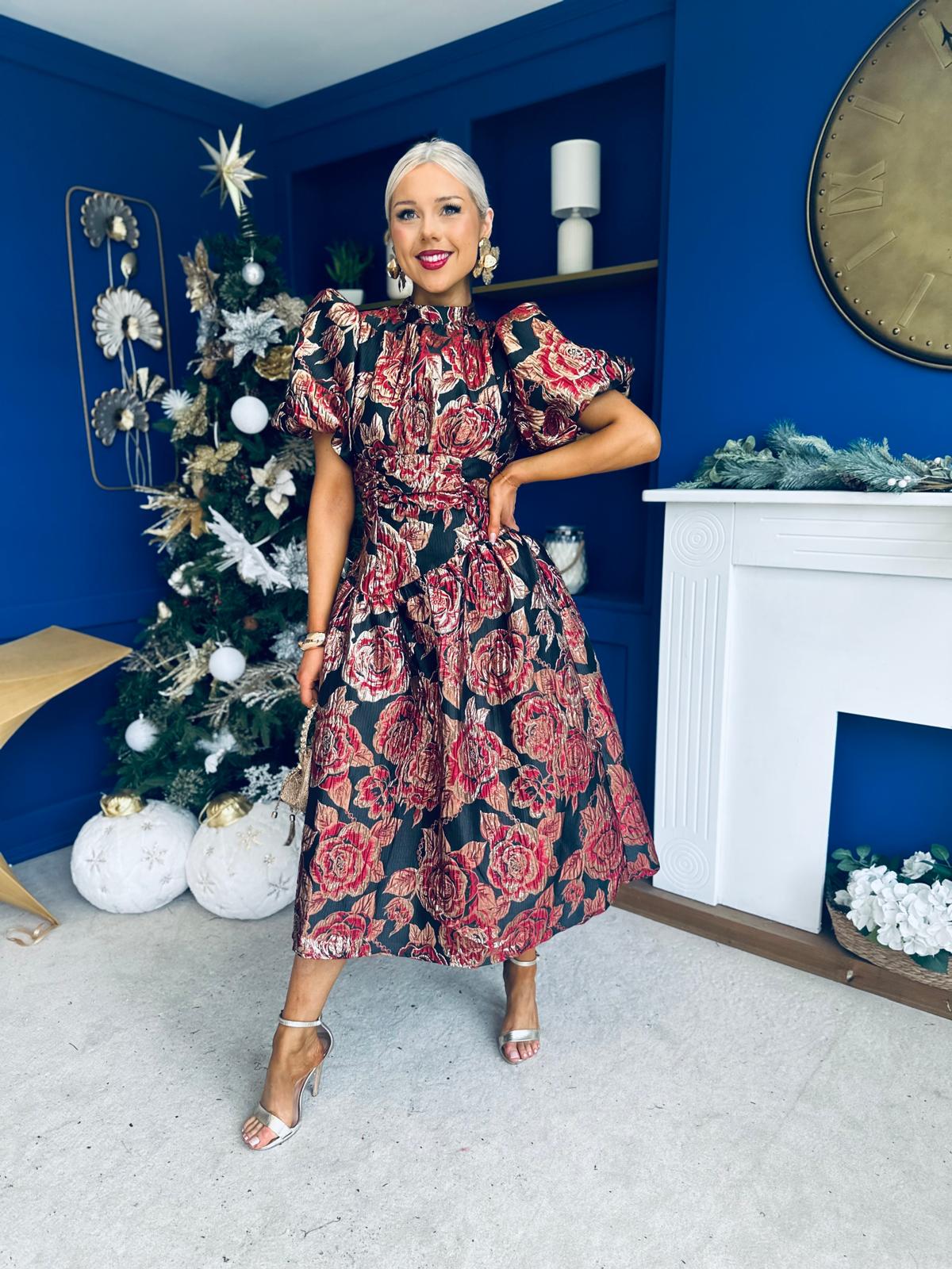 Sinead Puff Sleeve Jaquard Occasion Dress Red