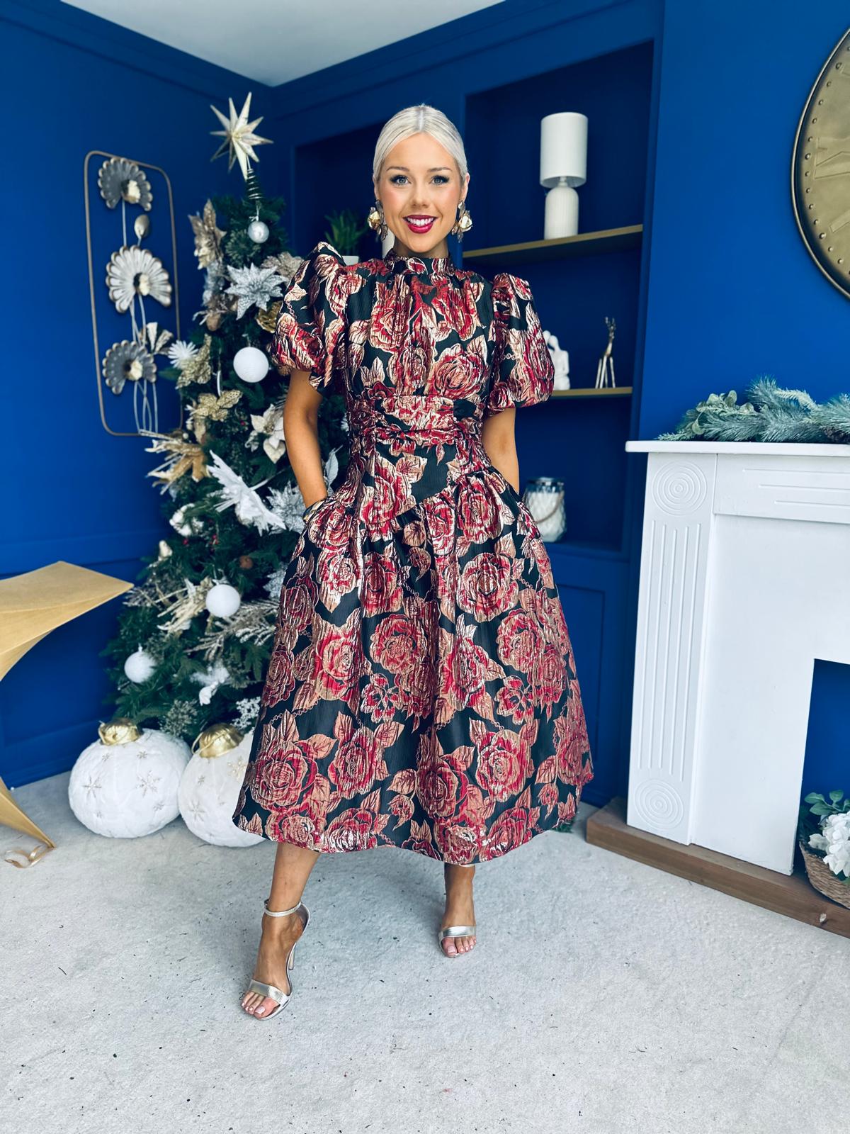 Sinead Puff Sleeve Jaquard Occasion Dress Red