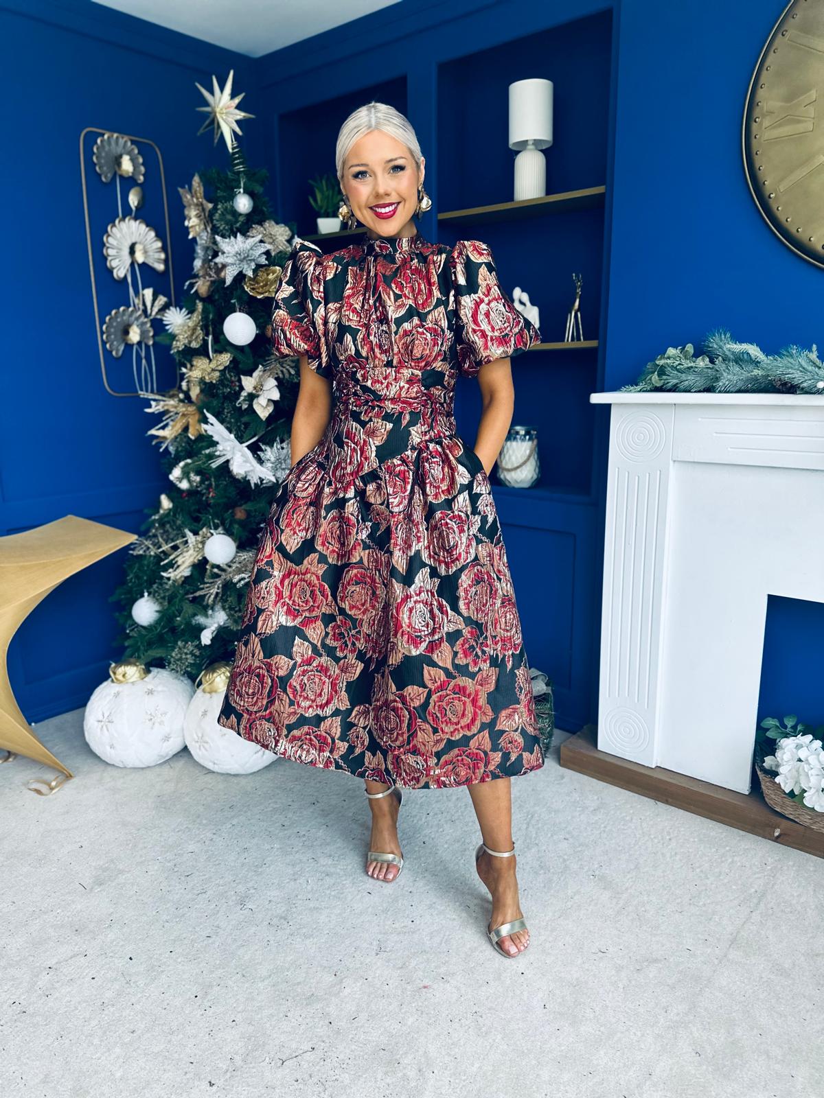 Sinead Puff Sleeve Jaquard Occasion Dress Red