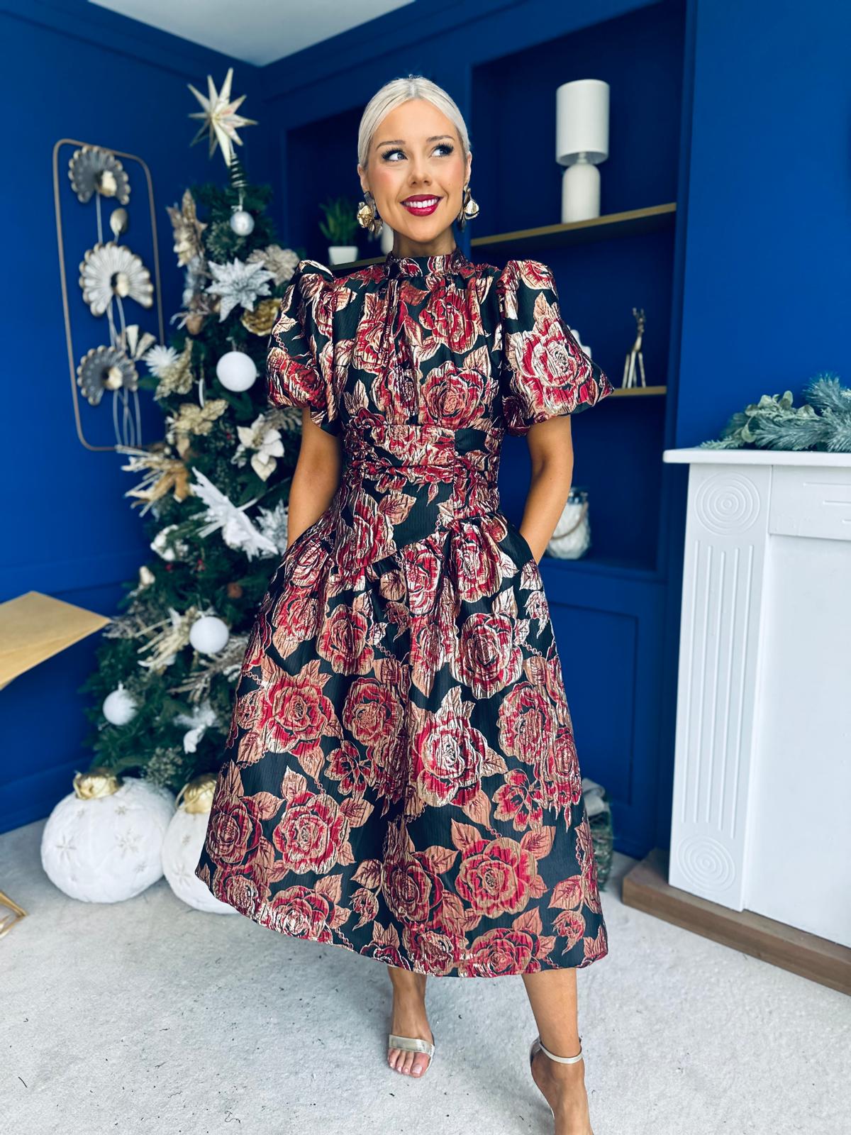 Sinead Puff Sleeve Jaquard Occasion Dress Red