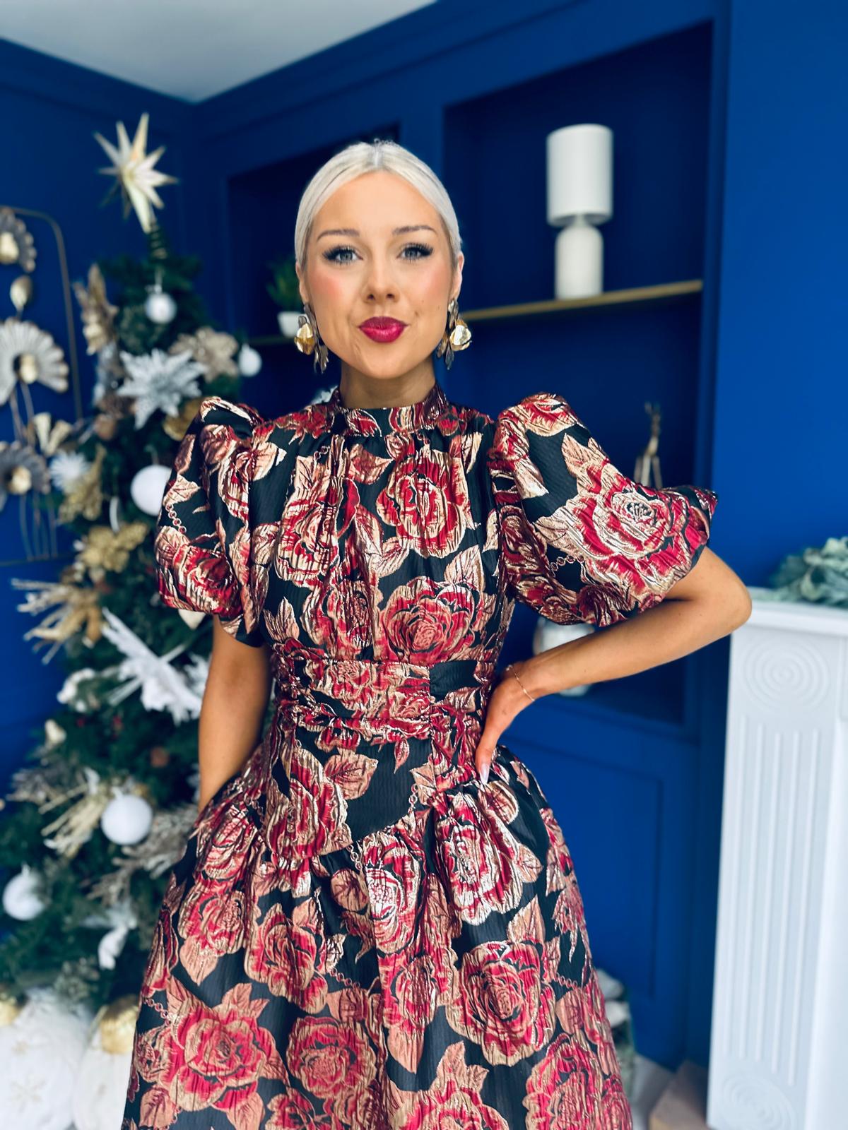 Sinead Puff Sleeve Jaquard Occasion Dress Red