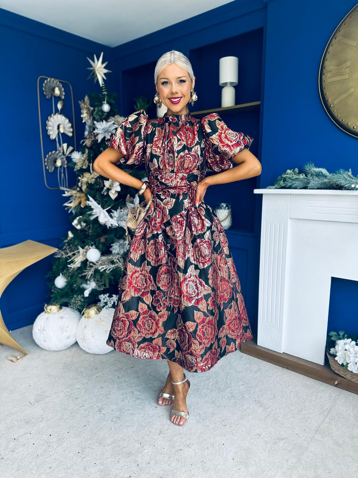 Sinead Puff Sleeve Jaquard Occasion Dress Red