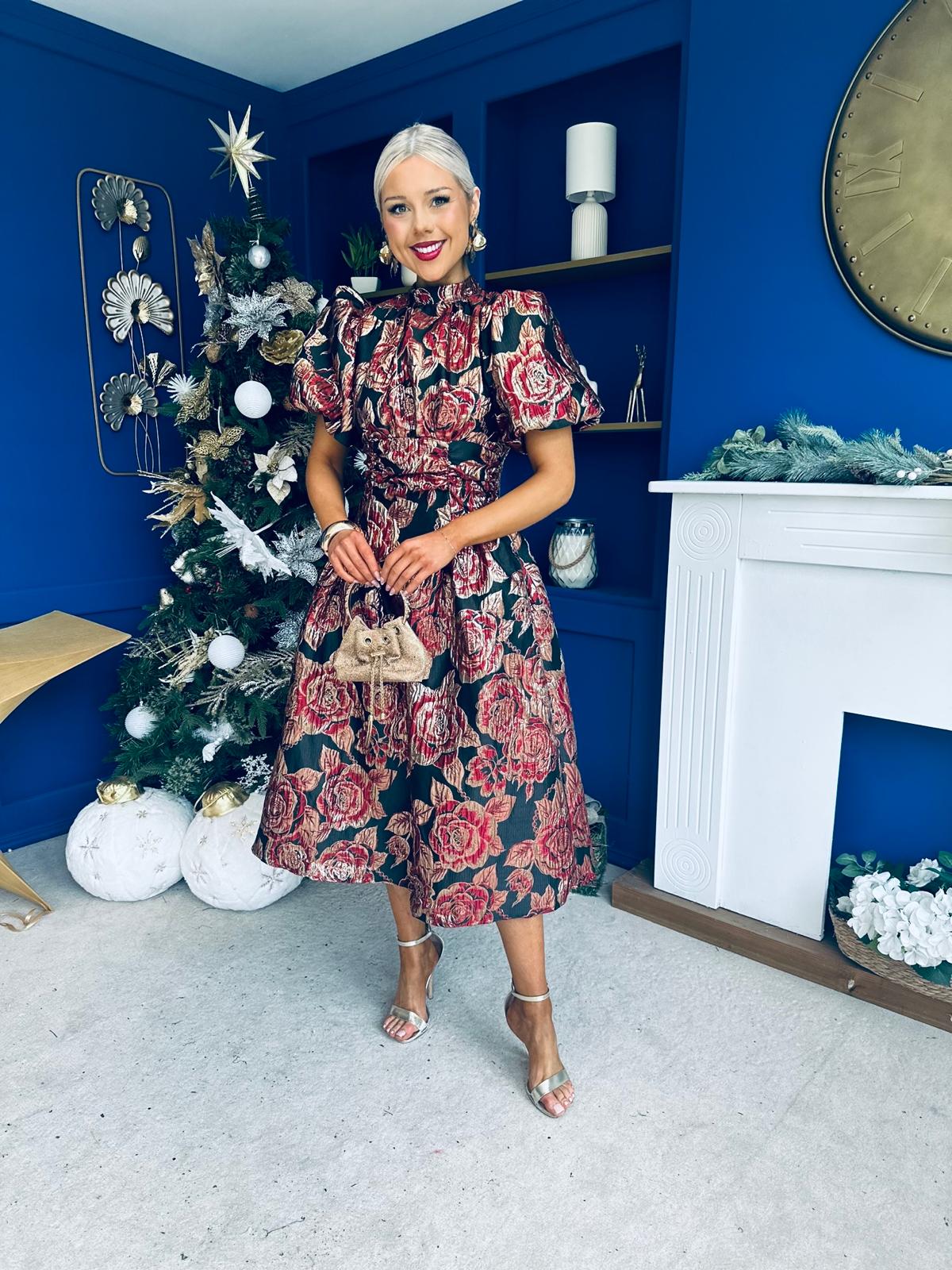 Sinead Puff Sleeve Jaquard Occasion Dress Red