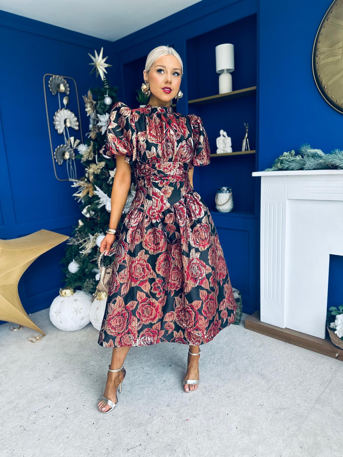 Sinead Puff Sleeve Jaquard Occasion Dress Red