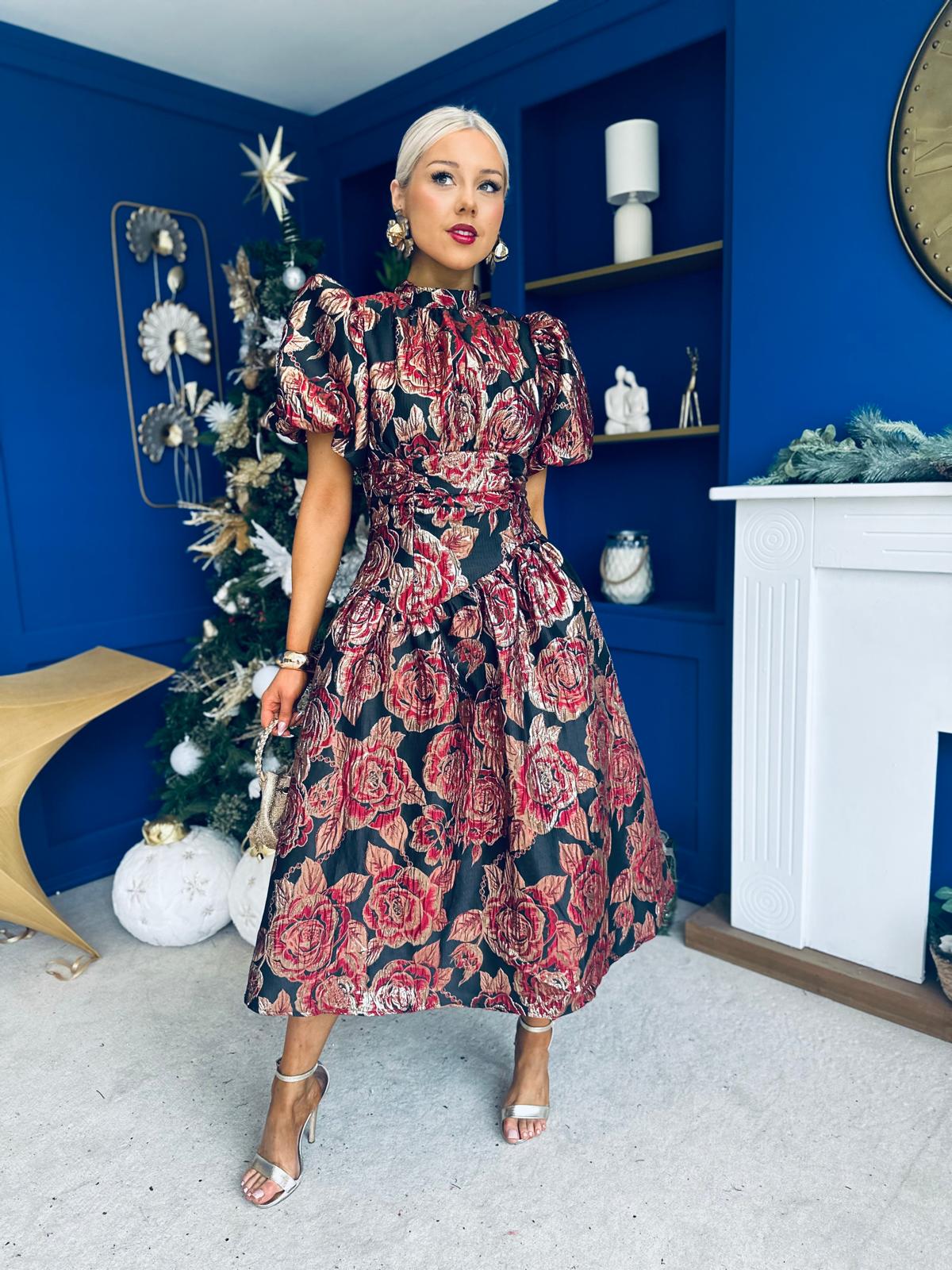 Sinead Puff Sleeve Jaquard Occasion Dress Red