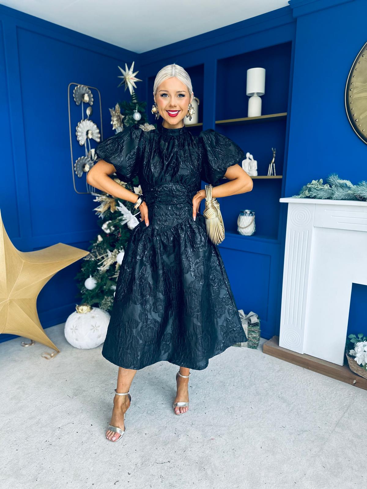 Sinead Puff Sleeve Jaquard Occasion Dress Black