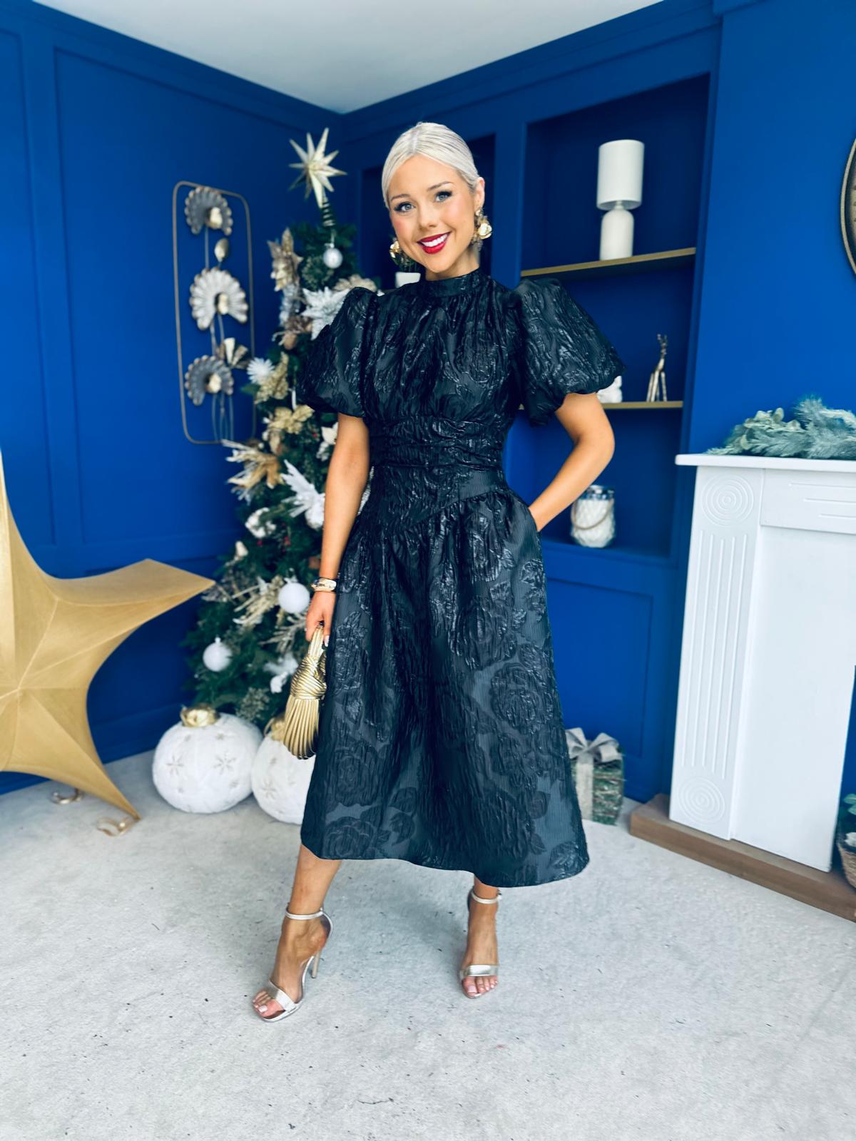 Sinead Puff Sleeve Jaquard Occasion Dress Black