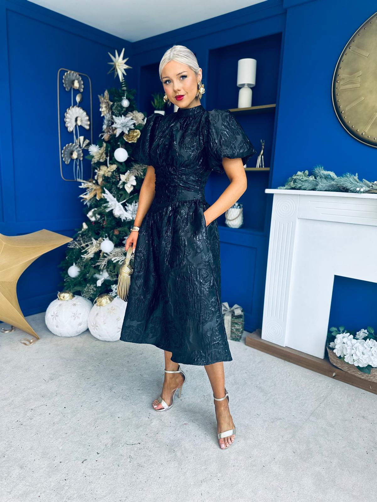 Sinead Puff Sleeve Jaquard Occasion Dress Black