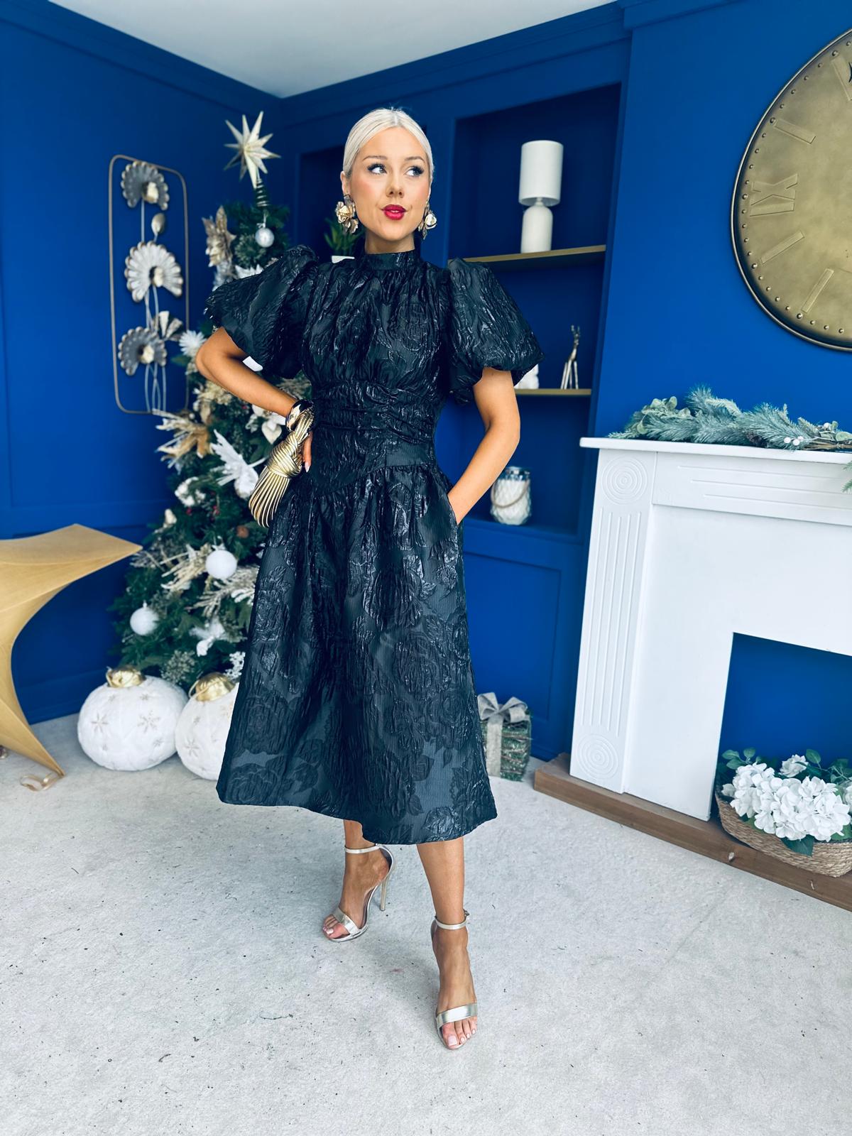 Sinead Puff Sleeve Jaquard Occasion Dress Black