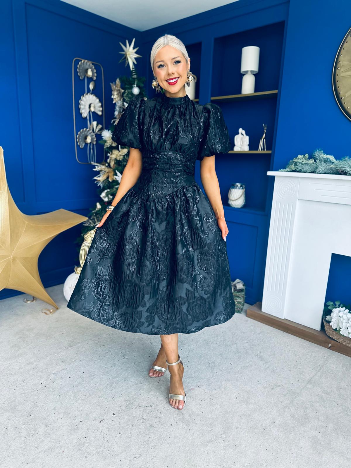 Sinead Puff Sleeve Jaquard Occasion Dress Black