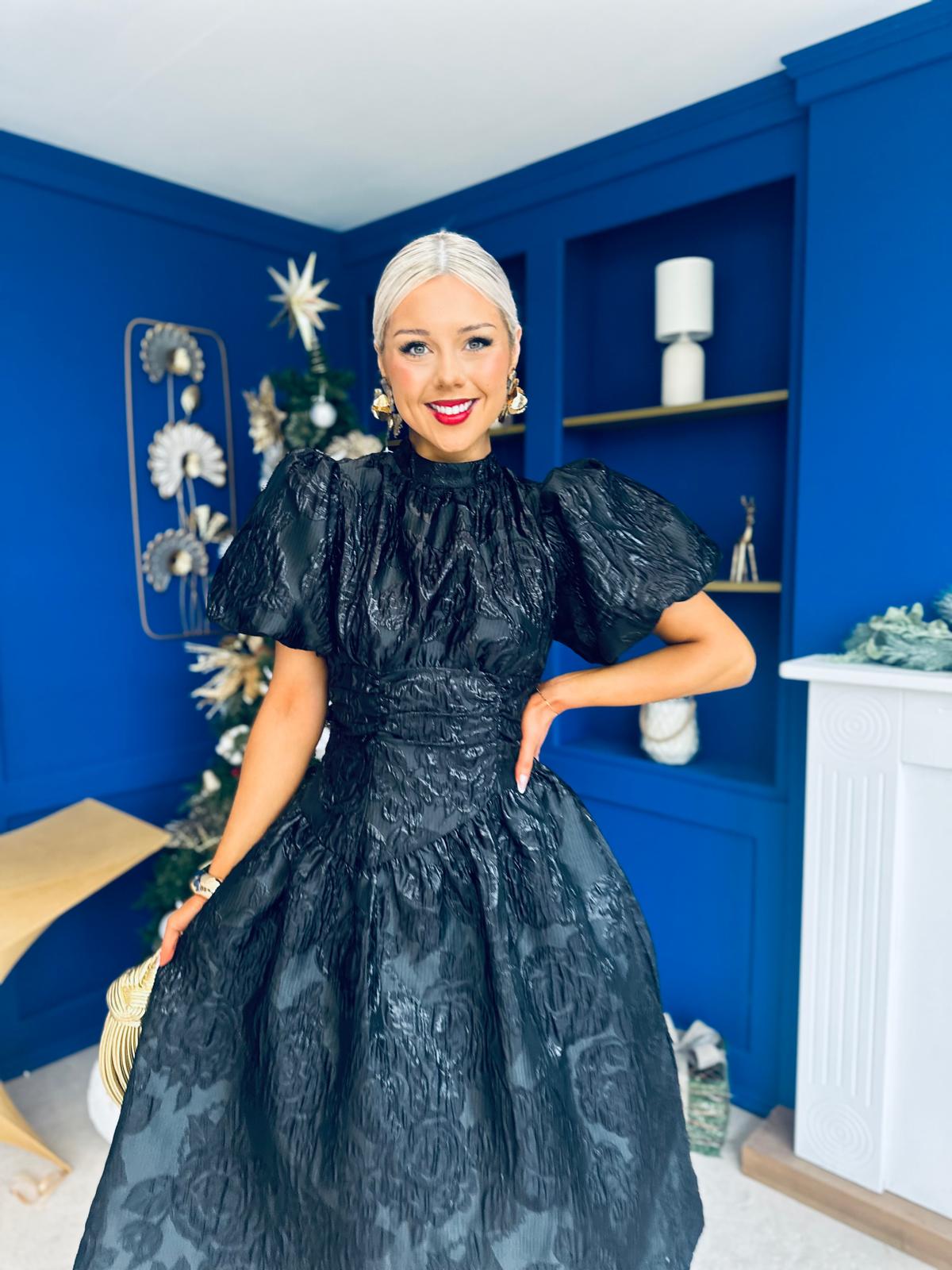 Sinead Puff Sleeve Jaquard Occasion Dress Black