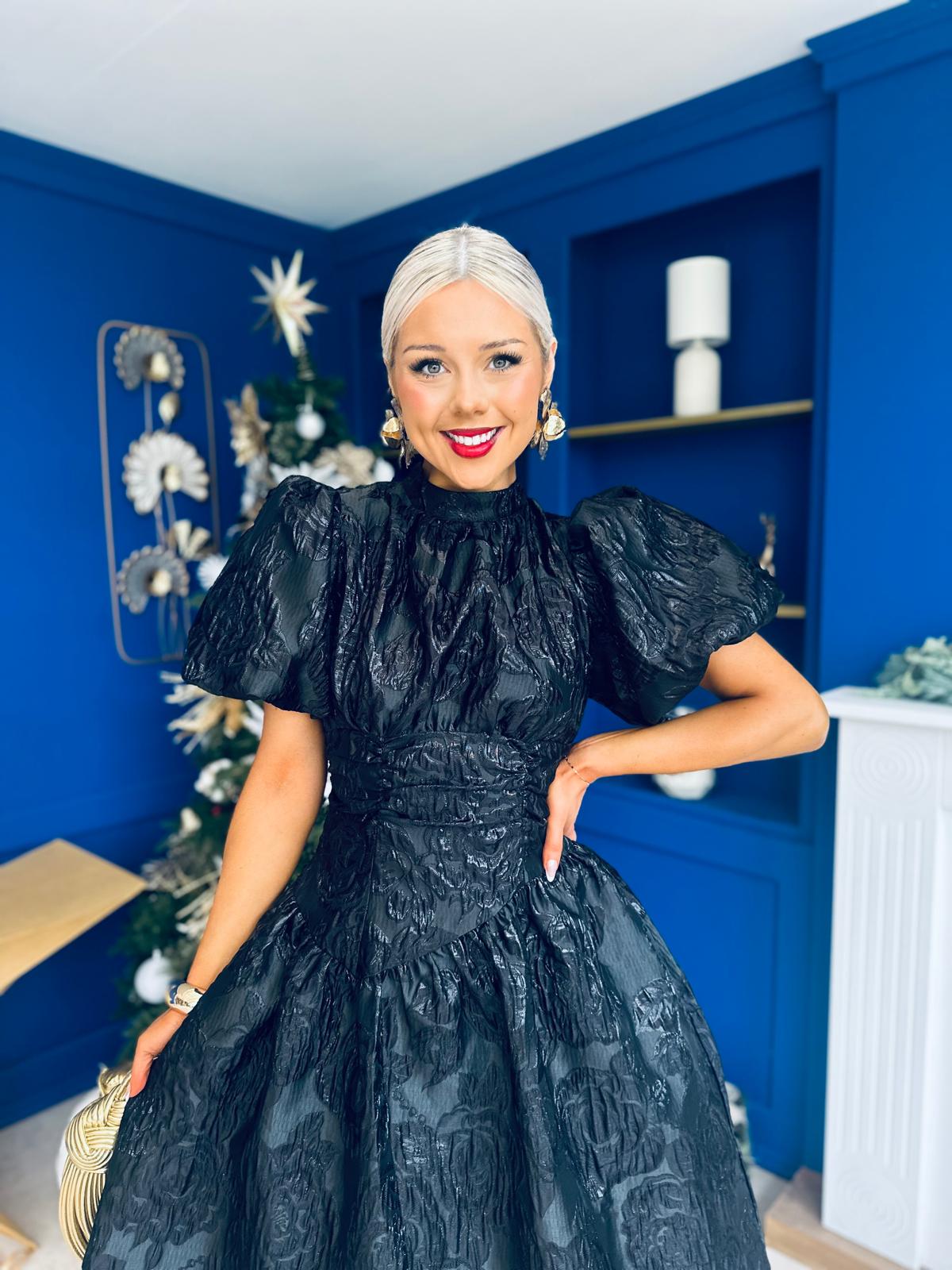 Sinead Puff Sleeve Jaquard Occasion Dress Black