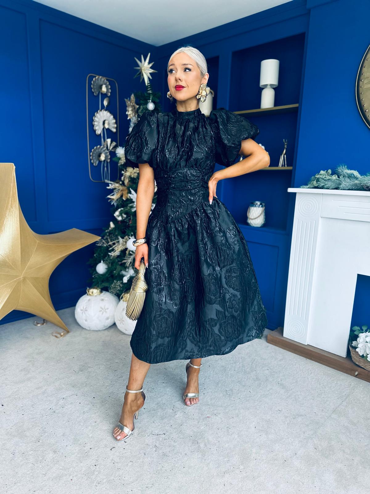 Sinead Puff Sleeve Jaquard Occasion Dress Black