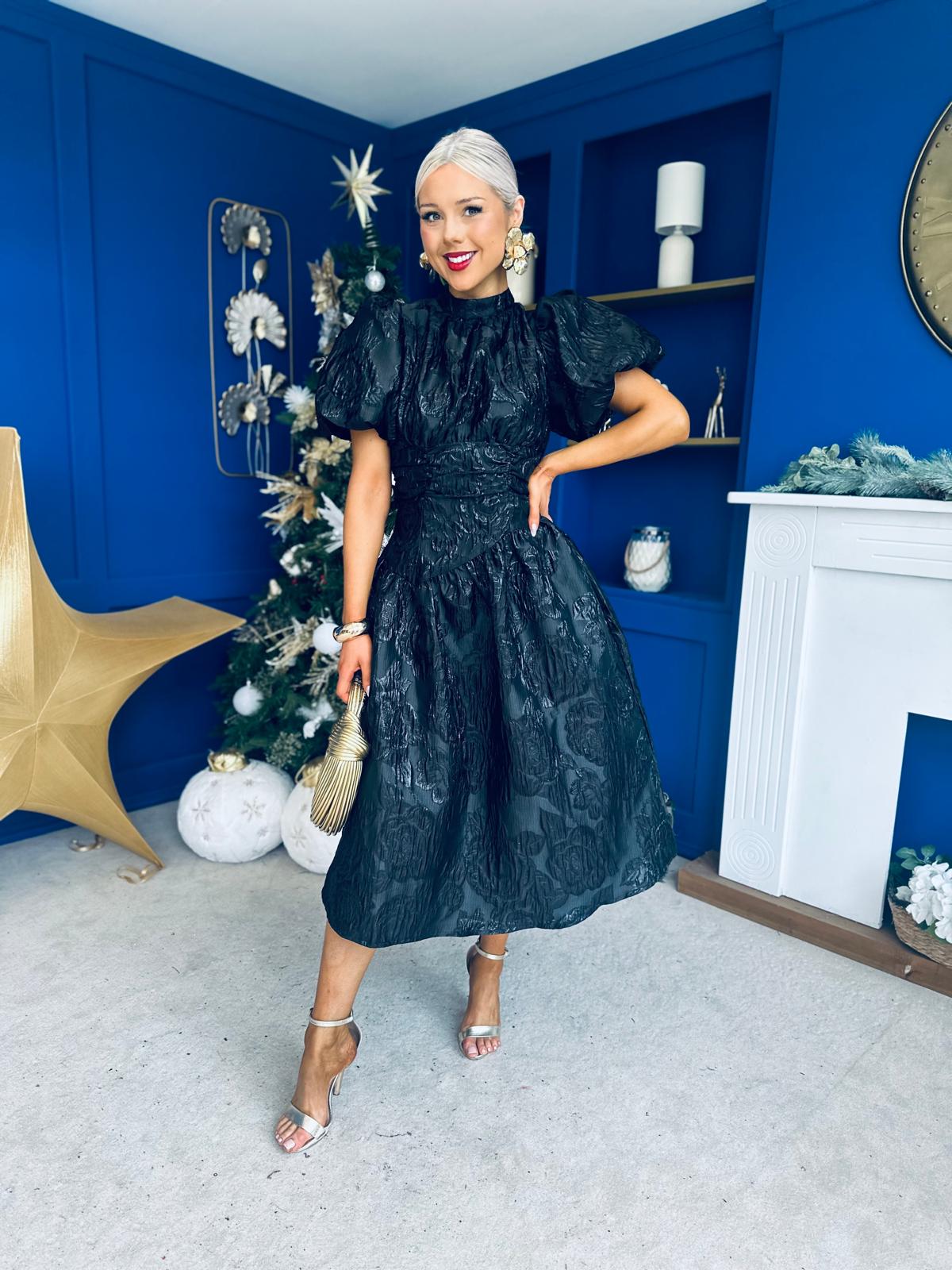 Sinead Puff Sleeve Jaquard Occasion Dress Black