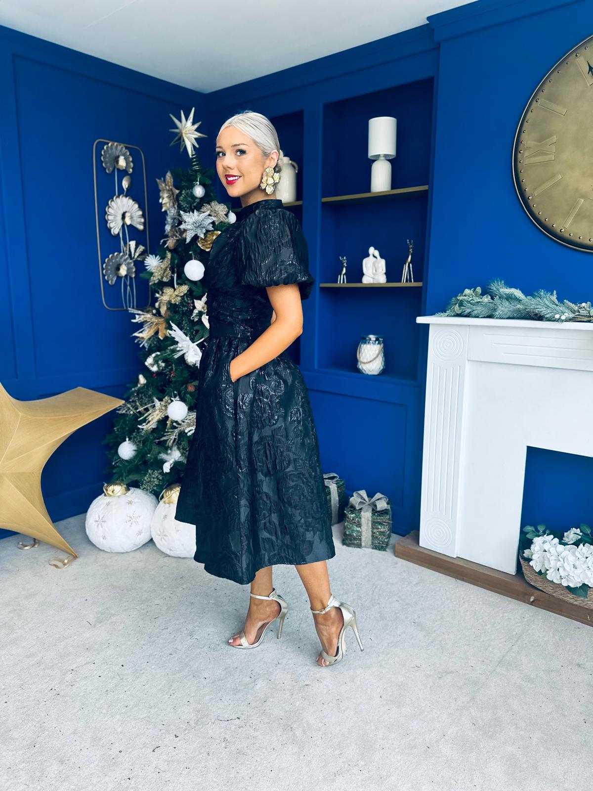 Sinead Puff Sleeve Jaquard Occasion Dress Black