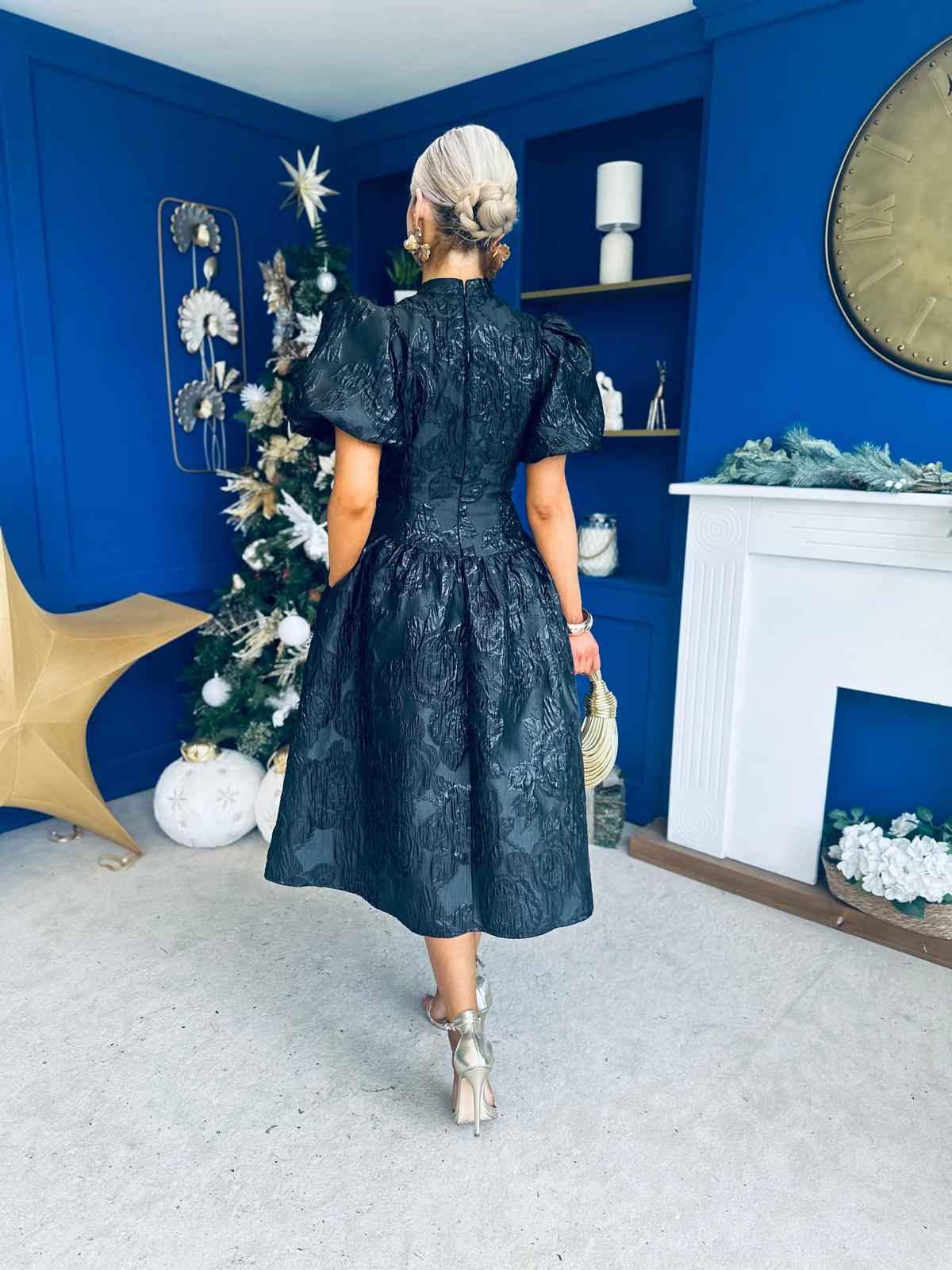 Sinead Puff Sleeve Jaquard Occasion Dress Black