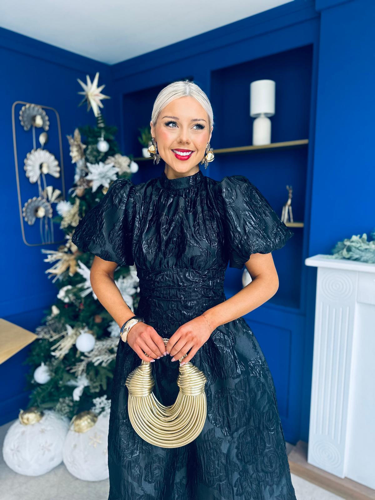 Sinead Puff Sleeve Jaquard Occasion Dress Black