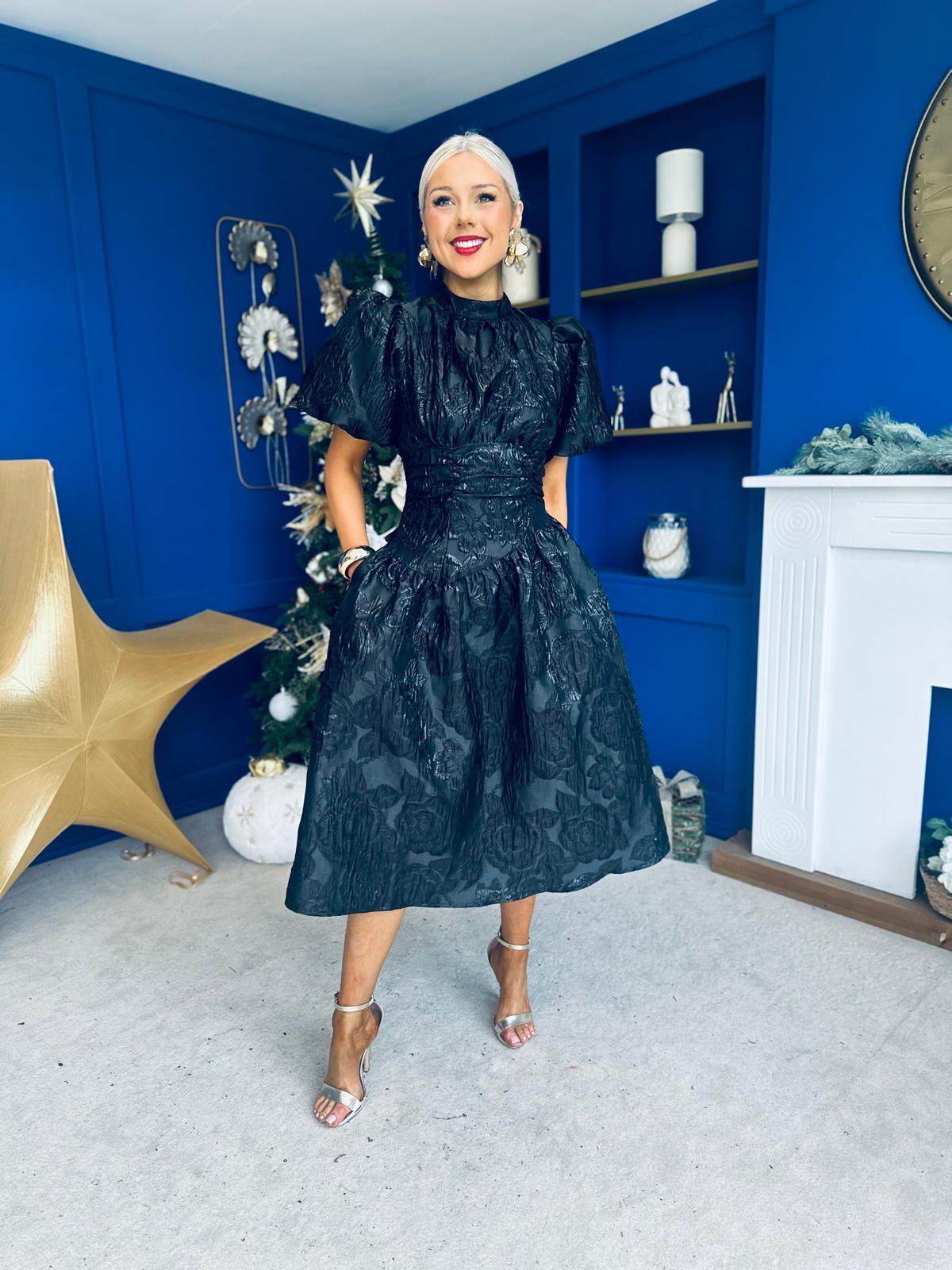 Sinead Puff Sleeve Jaquard Occasion Dress Black