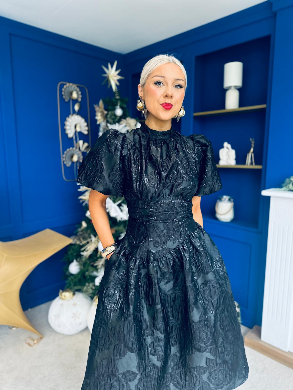 Sinead Puff Sleeve Jaquard Occasion Dress Black