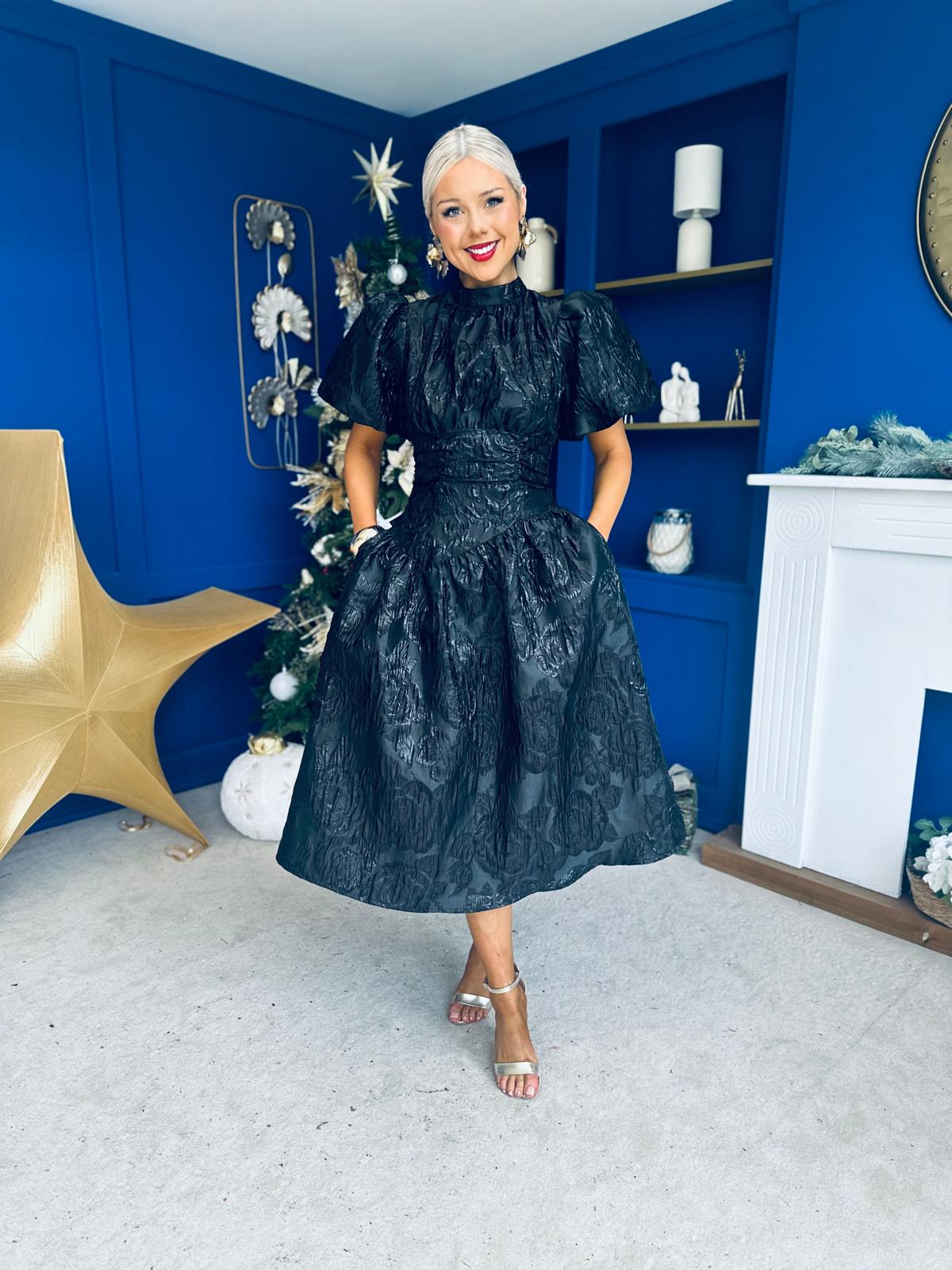 Sinead Puff Sleeve Jaquard Occasion Dress Black