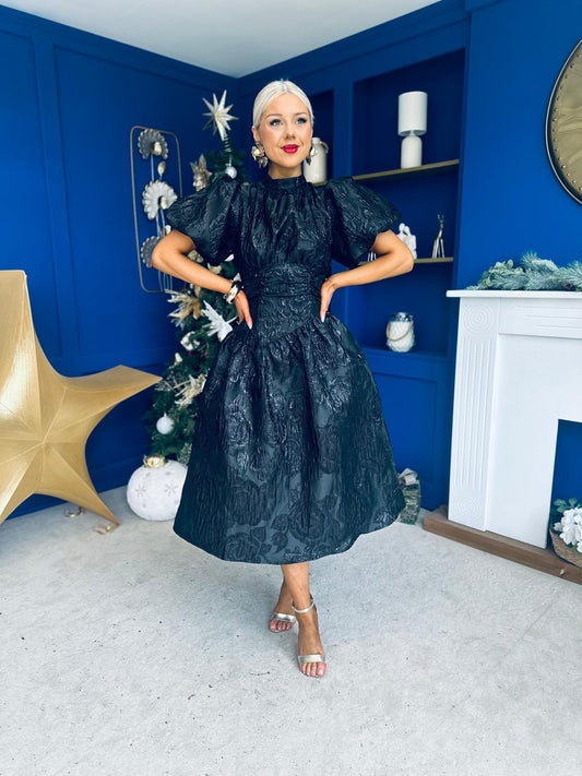 Sinead Puff Sleeve Jaquard Occasion Dress Black