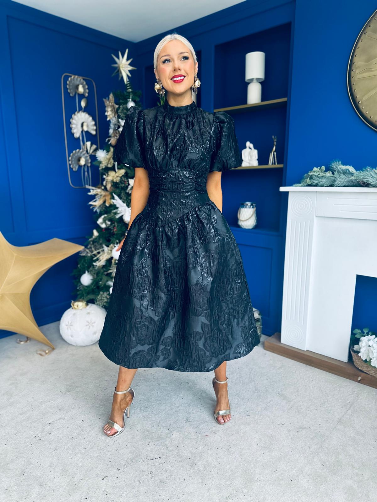Sinead Puff Sleeve Jaquard Occasion Dress Black – Canella Lane